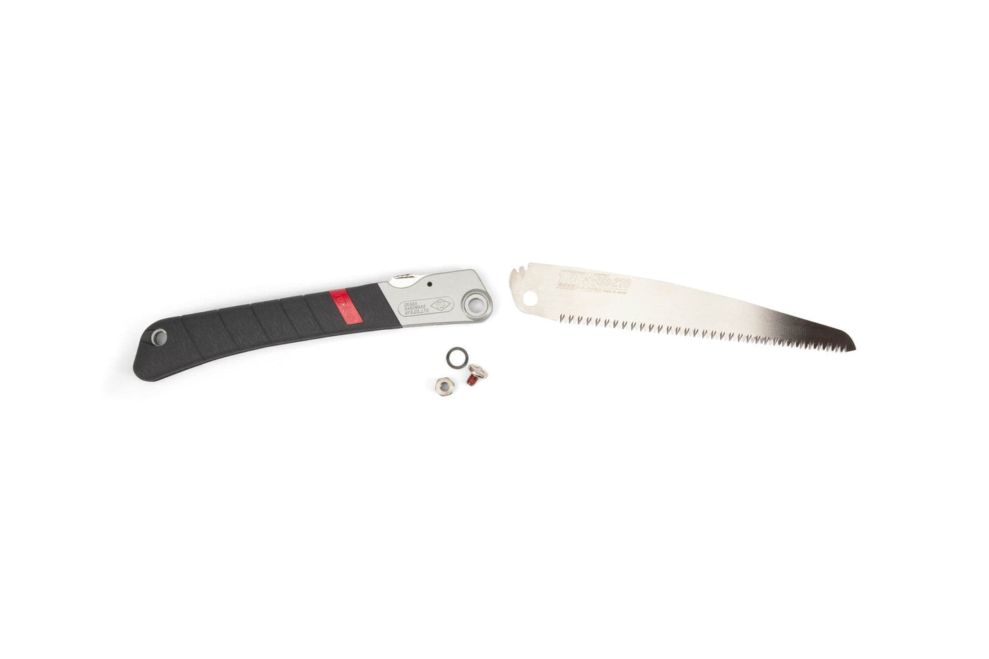 The Z-Saw Tuck-In 210 by MARU is shown on a white background, featuring a black folding handle, a separate serrated pruning saw blade, and small metal parts such as a screw, nut, and washer.
