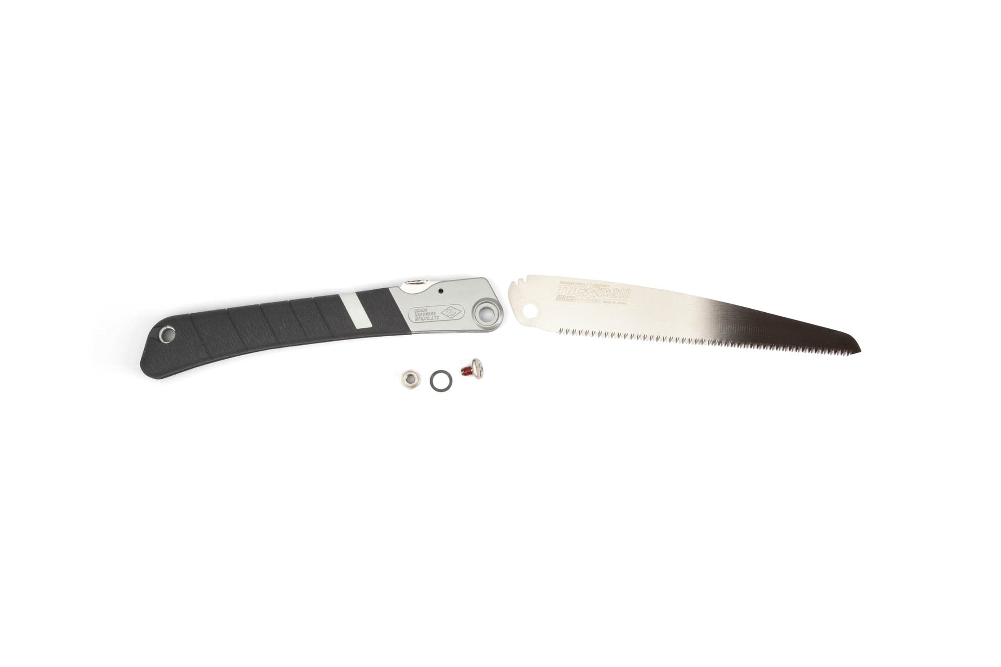The MARU Z-Saw Tuck-In 210, featuring a disassembled black handle, silver blade, and small connecting hardware pieces, is arranged on a white background.