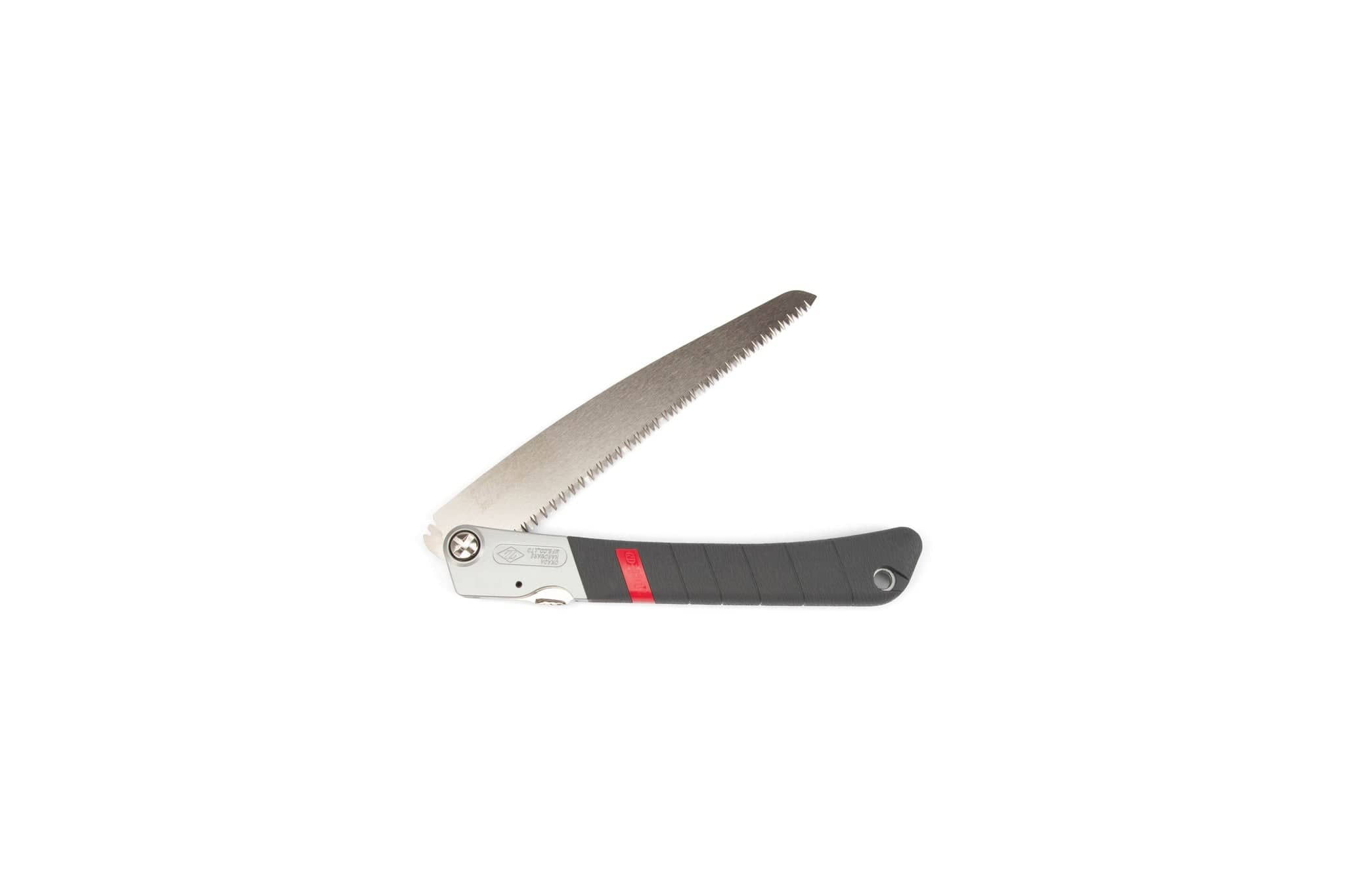 The MARU Z-Saw Tuck-In 210, featuring a partially open serrated blade and a black-red handle, is an ideal outdoor folding saw shown on a white background.