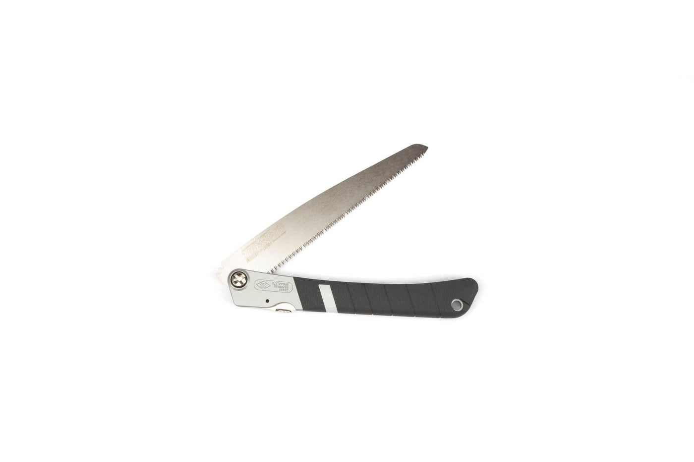 The MARU Z-Saw Tuck-In 210, featuring a black handle and partially opened serrated blade, is shown on a white background—ideal as an outdoor saw for quick pruning.
