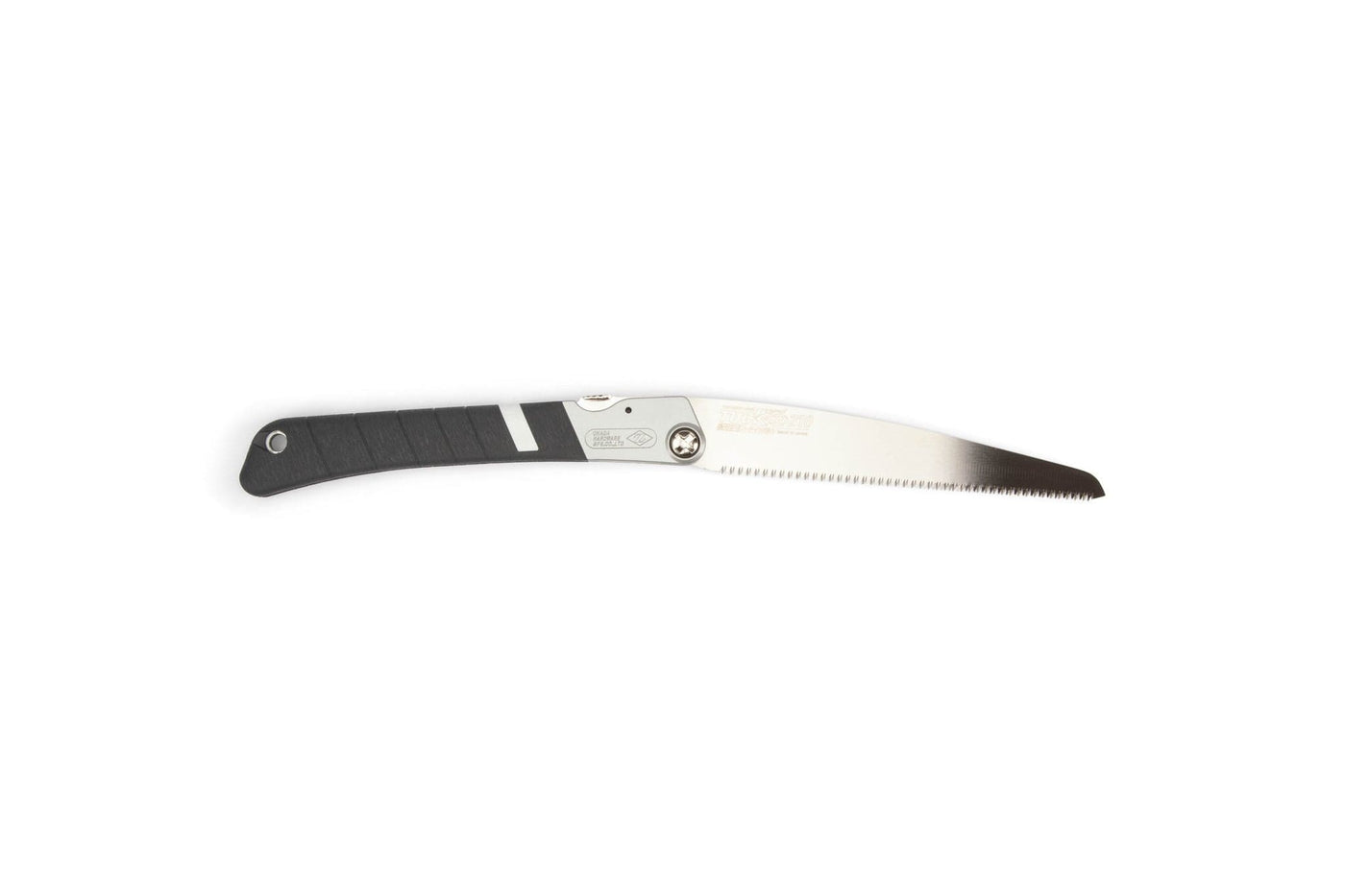 The MARU Z-Saw Tuck-In 210 features a black handle and a silver, partially serrated blade extended outward—an ideal compact pruning saw for outdoor use, displayed against a plain white background.