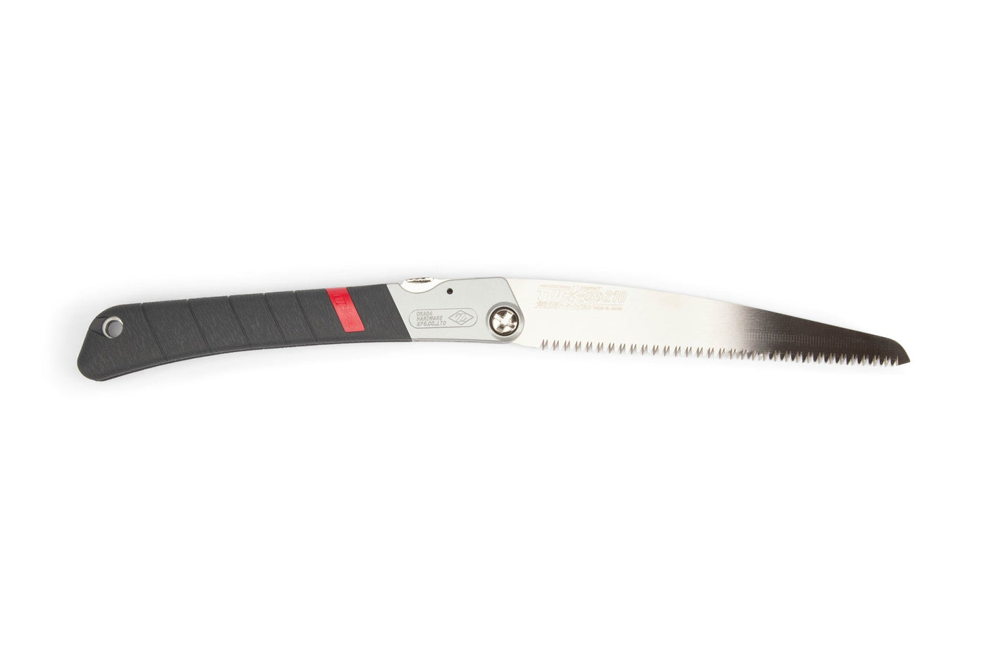 The MARU Z-Saw Tuck-In 210 is a folding pruning saw with a black and silver handle and curved, sharp-toothed blade—perfect for quick, precise outdoor cuts.