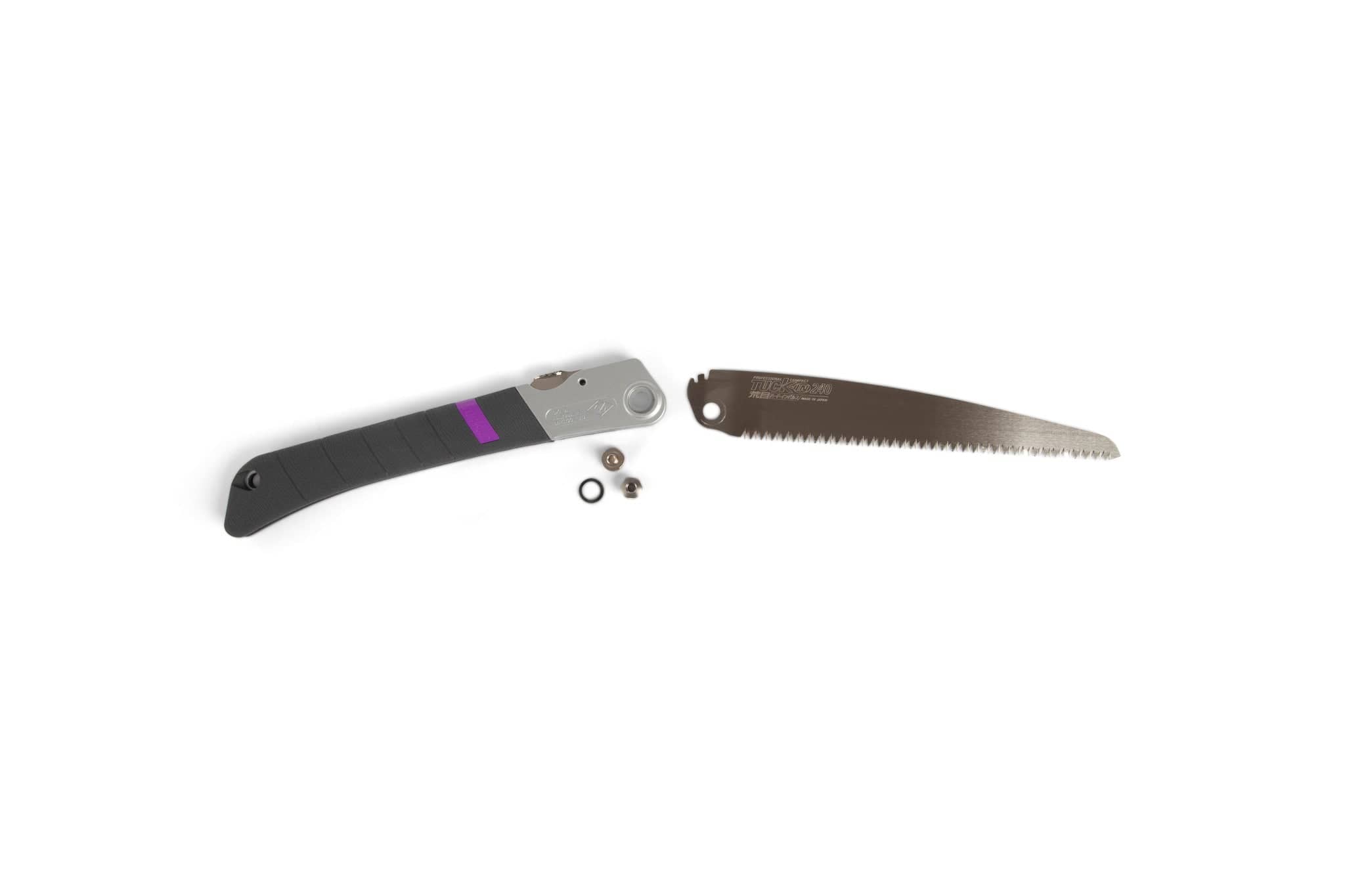The MARU Z-Saw Tuck-In 240 features a black and silver handle and a serrated blade, shown disassembled with small screws on a white background—perfect as a compact pruning saw for gardening or carpentry.