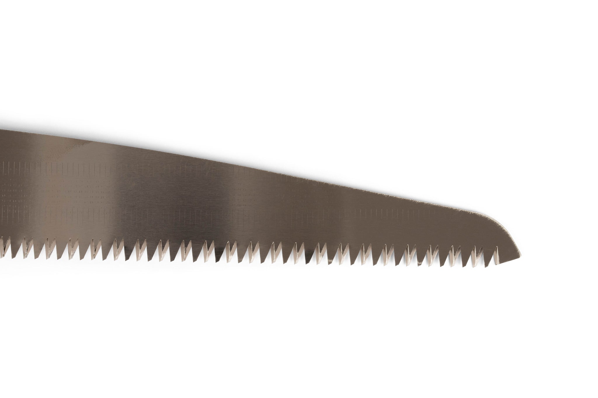 A close-up of the serrated edge on the MARU Z-Saw Tuck-In 240 pruning saw displays its sharp, jagged teeth along the metal blade against a white background.