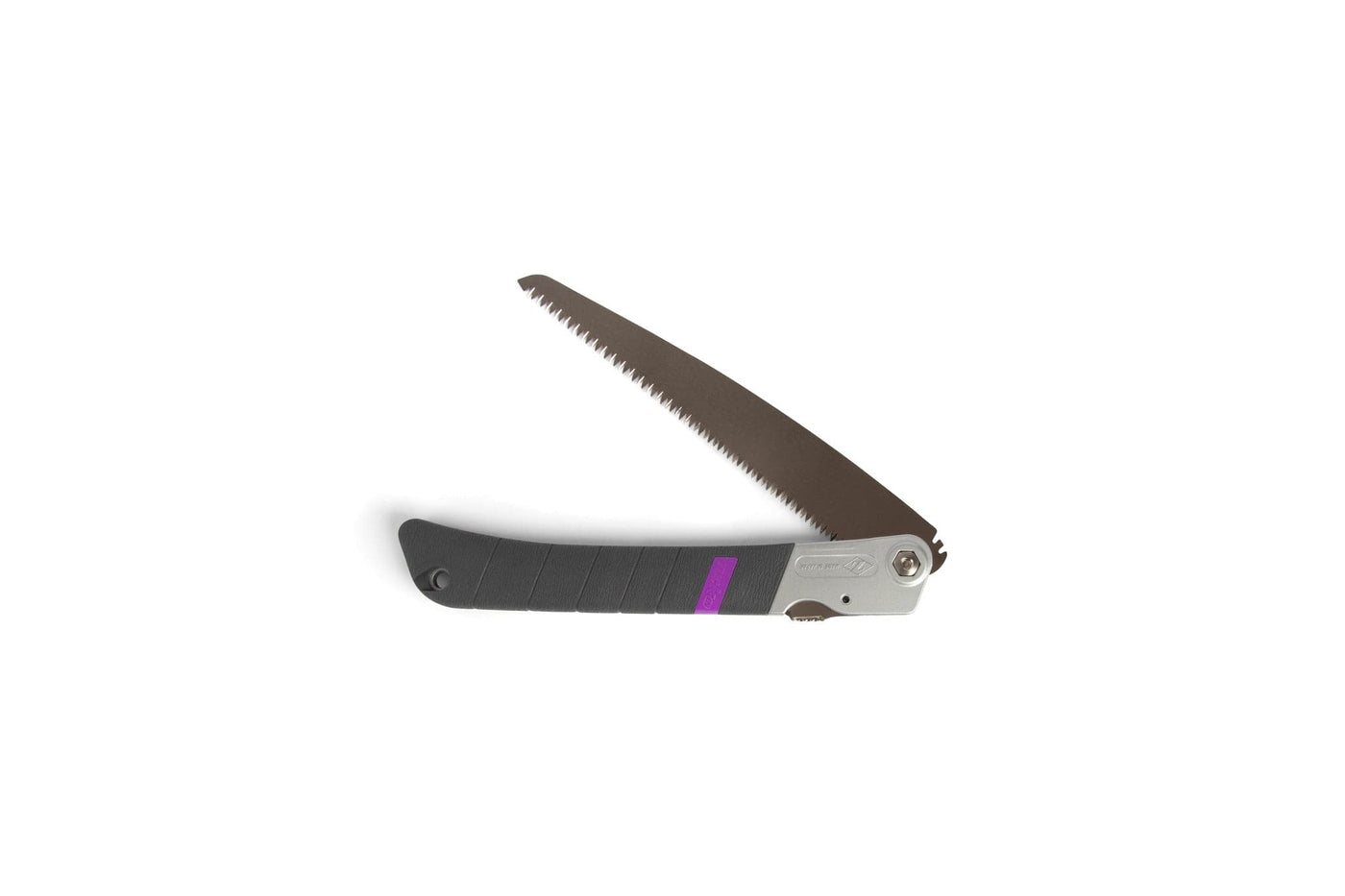 The MARU Z-Saw Tuck-In 240 features a black and gray handle with a purple accent and a partially open, serrated blade—perfect as a compact carpentry or pruning saw for versatile wood cutting outdoors.