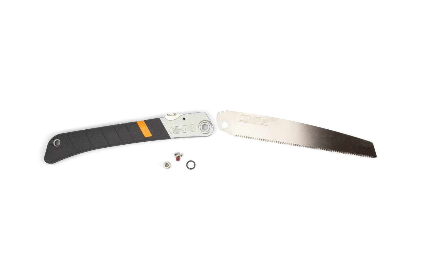 The MARU Z-Saw Tuck-In 240 is shown disassembled on a white background, with its black handle, silver pruning saw blade, screw, small nut, and washer all neatly arranged.