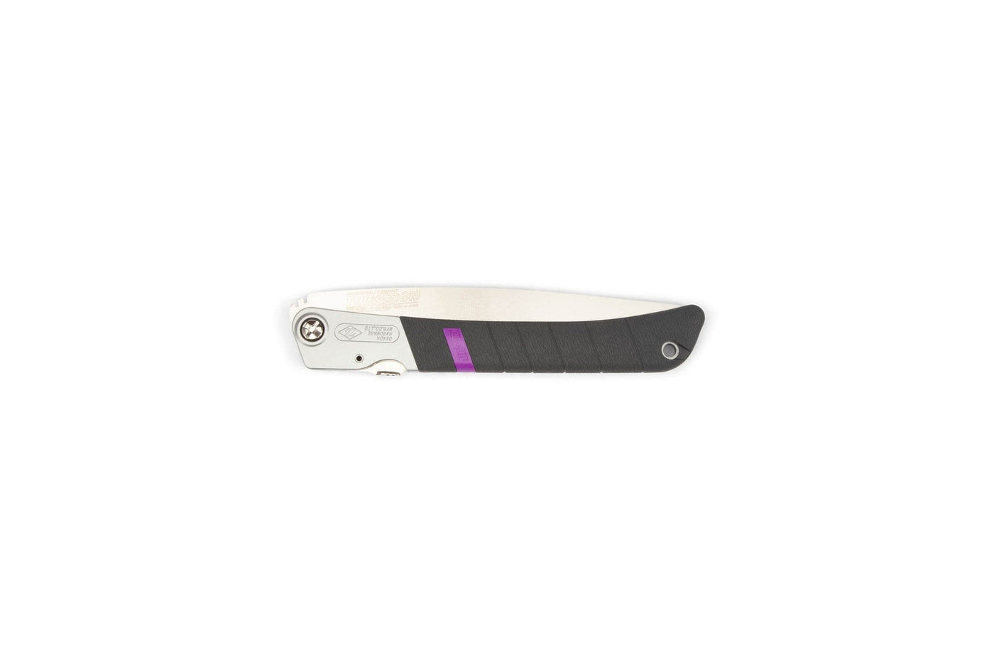 The MARU Z-Saw Tuck-In 240 is a compact folding saw with a black and silver handle featuring a purple stripe, shown closed on a white background—ideal for anyone who values both style and practicality in their tools.