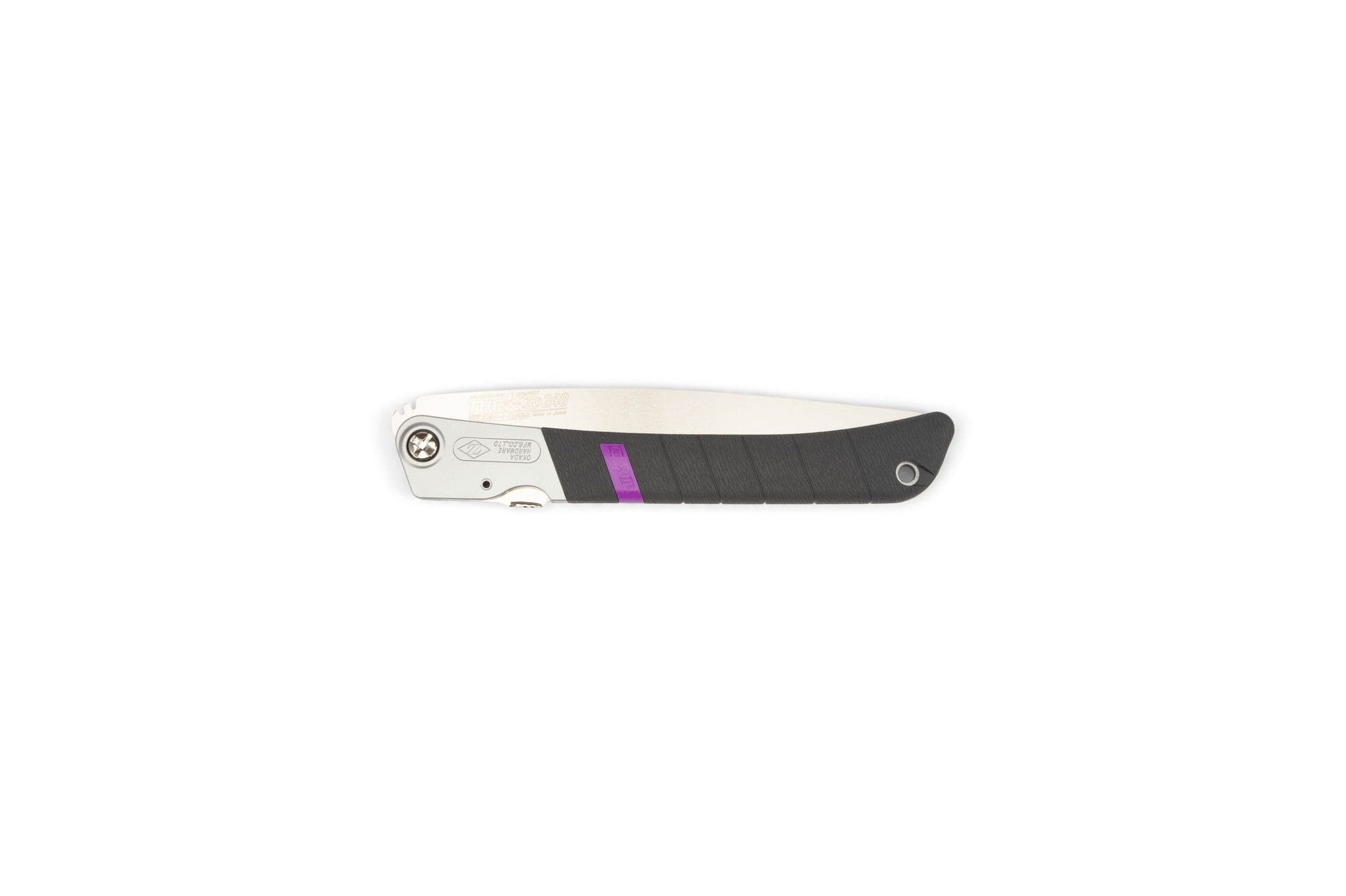 The MARU Z-Saw Tuck-In 240 is a compact folding saw with a black and silver handle featuring a purple stripe, shown closed on a white background—ideal for anyone who values both style and practicality in their tools.