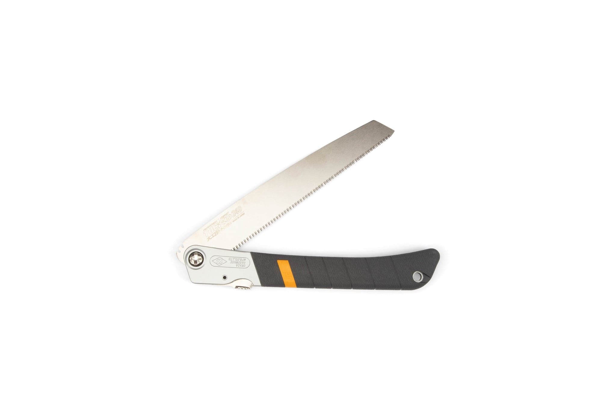 The MARU Z-Saw Tuck-In 240 features a black and orange handle with a partially extended silver blade, ideal for pruning or light carpentry tasks, shown against a white background.