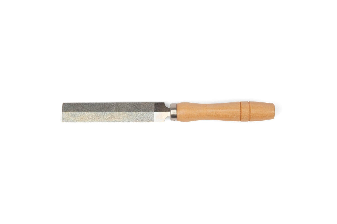 A MARU Japanese Diamond Feather File with a straight, flat blade and a light wood handle is shown on a plain white background, ideal for pairing with chisels or saws for precise woodworking tasks.