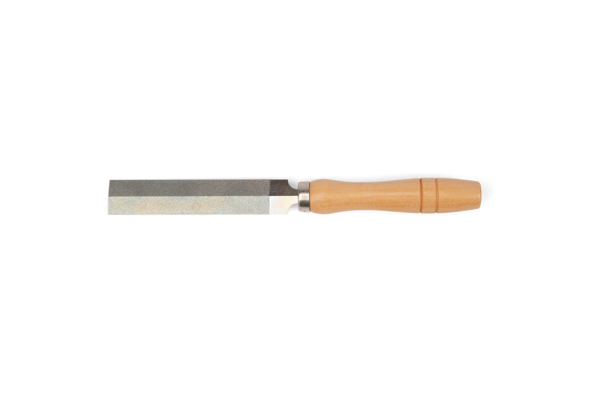 A MARU Japanese Diamond Feather File with a straight, flat blade and a light wood handle is shown on a plain white background, ideal for pairing with chisels or saws for precise woodworking tasks.