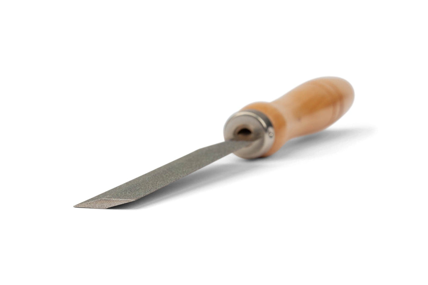 A close-up of the MARU Japanese Diamond Feather File shows its wood handle in focus and metal blade extending forward on a white background—perfect for precise saw maintenance.