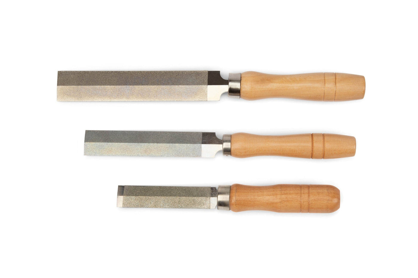 Three MARU Japanese Diamond Feather Files with wooden handles are arranged horizontally on a white background, each in a different size, ideal for Japanese saw maintenance, with the largest file on top and the smallest below.