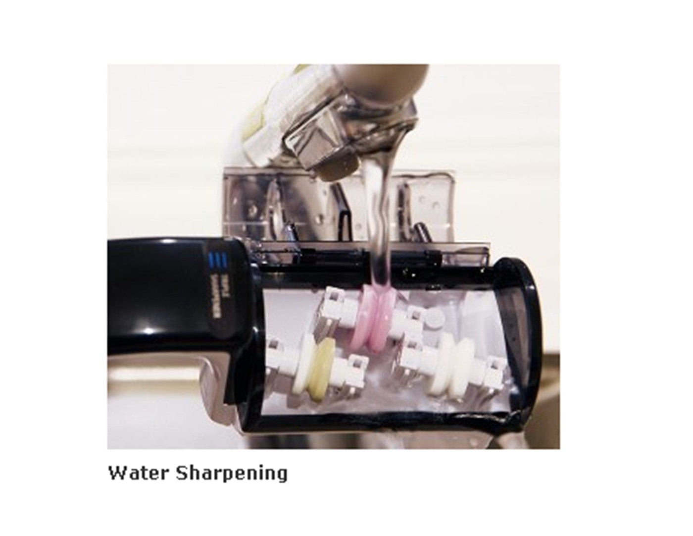 The MARU Suehiro Triple Knife Sharpener, featuring three sanding wheels, is perfect for kitchen knives. With a Water Sharpening label, it sits under running water to make honing easy and efficient.