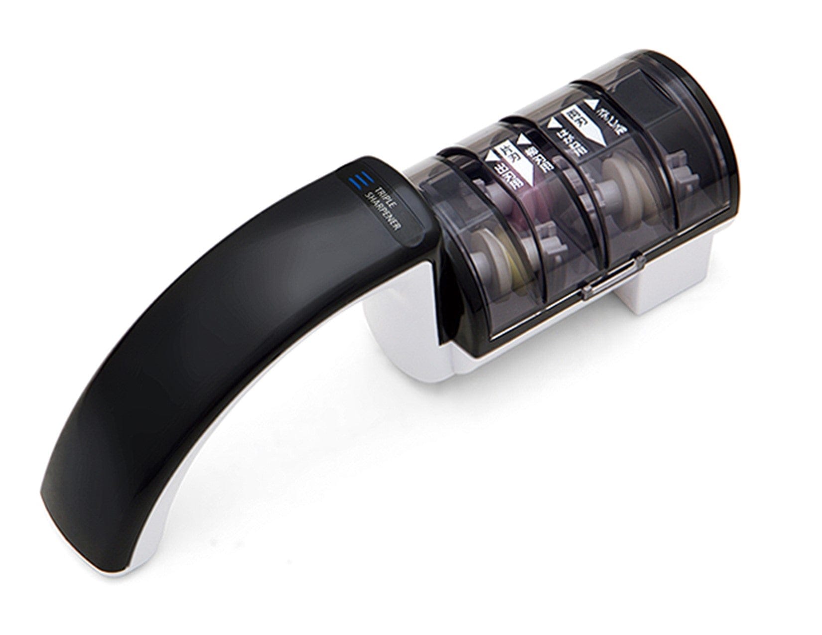 The MARU Suehiro Triple Knife Sharpener is a black and silver handheld tool for kitchen knives, featuring three sharpening stages and sections with labeled guides.