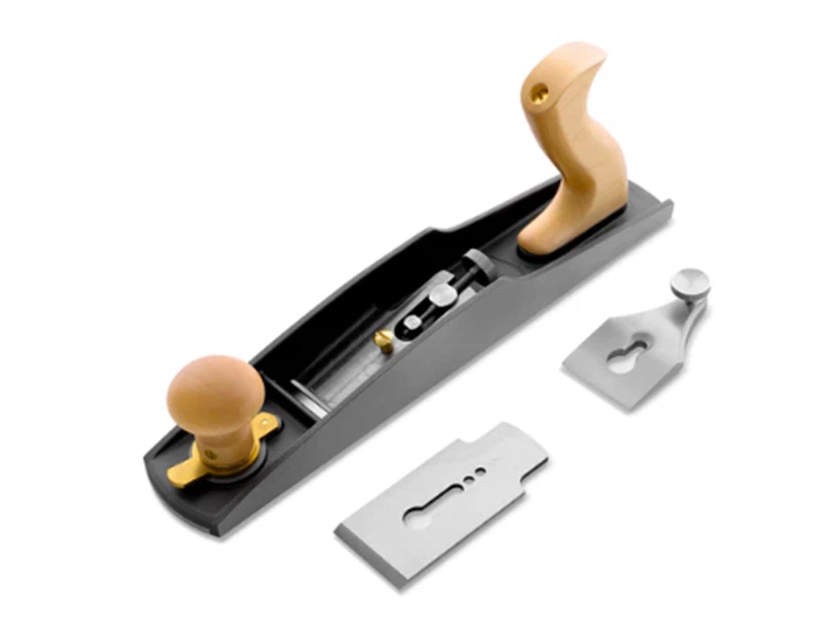 The Melbourne Tool Company Low Angle Jack Plane by Melbourne Tool Company is shown disassembled on a white background, displaying its metal body, wooden front knob and rear handle, blade, and cap separately.