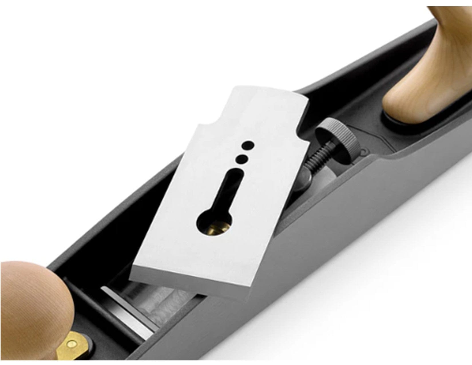 A close-up of the Melbourne Tool Company Low Angle Jack Plane, featuring wooden handles and adjustment knobs, with a partially removed metal blade displayed on a white background.