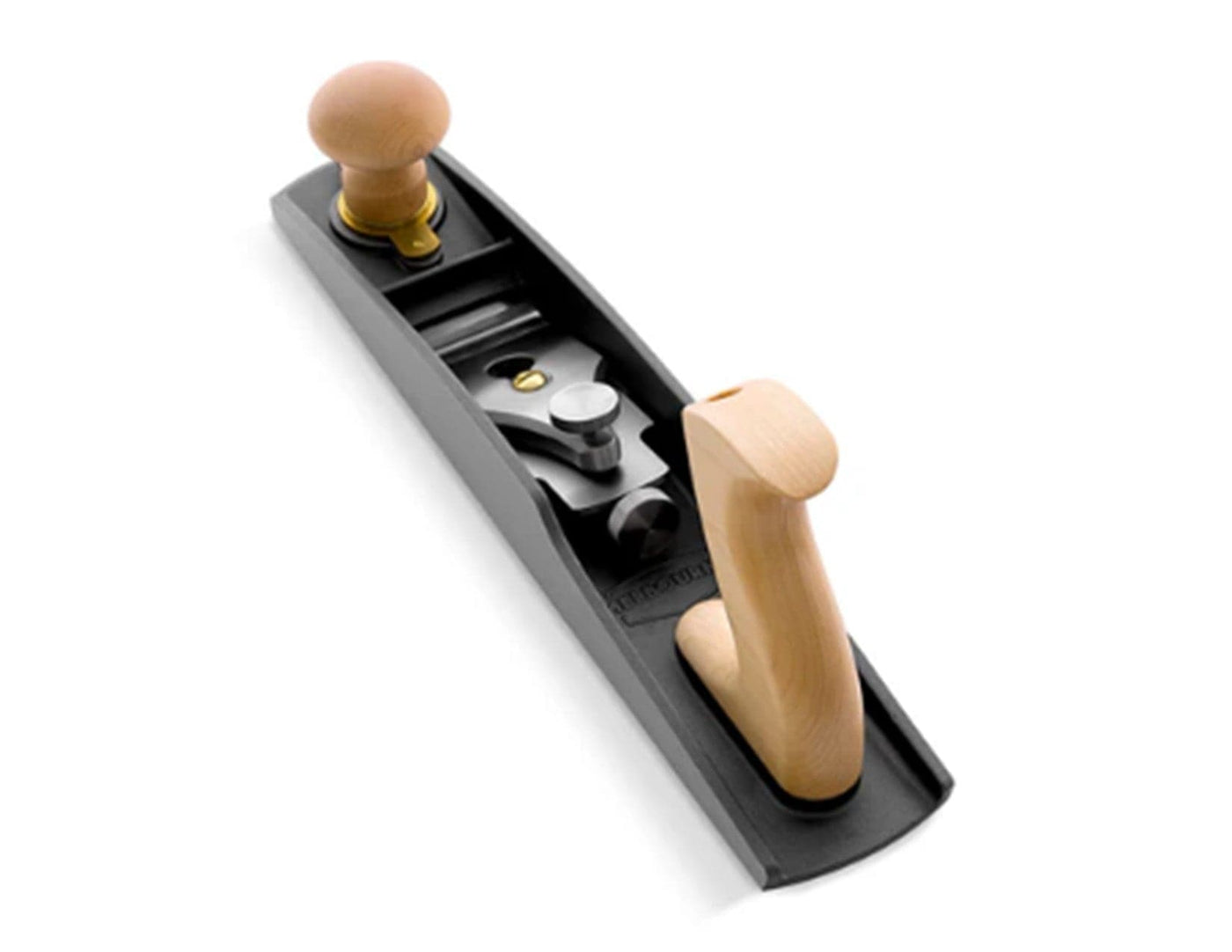 The Melbourne Tool Company Low Angle Jack Plane by Melbourne Tool Company features a black body and light wooden handles, shown on a white background—perfect for smoothing or shaping wood surfaces.