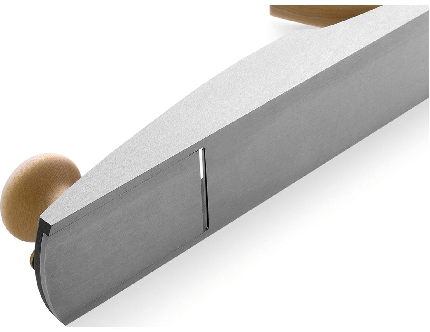 A close-up of the Melbourne Tool Company Low Angle Jack Plane by Melbourne Tool Company, showcasing its wooden handles, smooth flat sole, and sharp blade—an essential precision woodworking tool.