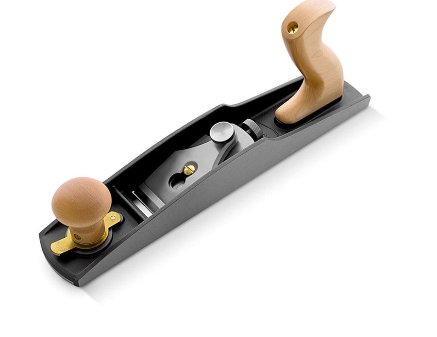 The Melbourne Tool Company Low Angle Jack Plane features light wooden knobs and handles, making it ideal for smoothing or shaping wood surfaces. Shown on a white background.