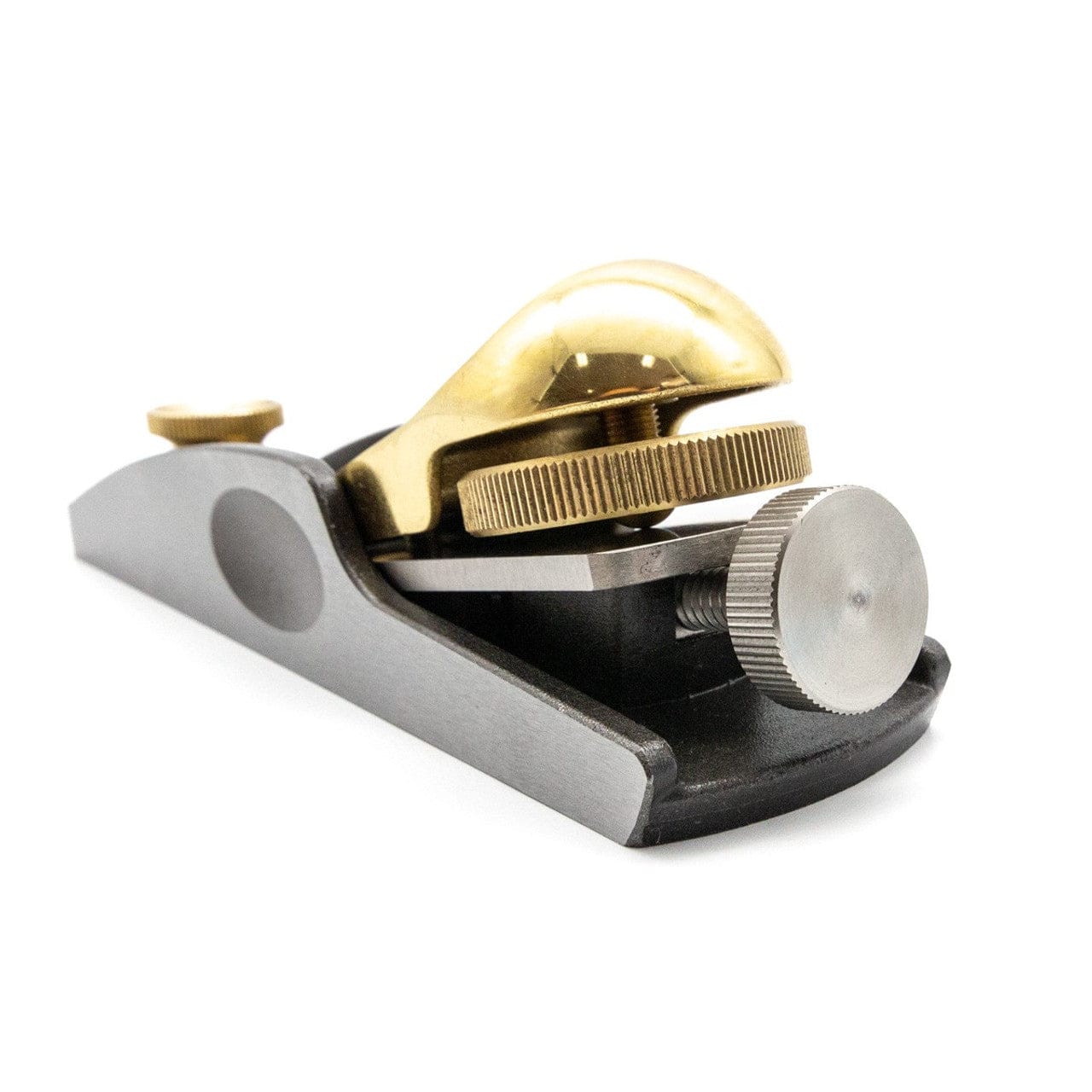 The Melbourne Tool Company Low Angle Block Plane by Melbourne Tool Company, featuring an M2 High Speed Steel blade and brass adjustment knob and cap, is shown on a white background.