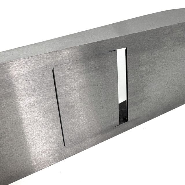 Close-up of Melbourne Tool Company's Low Angle Jointing Plane, featuring a centrally positioned rectangular cutout and a brushed metal finish typical of their high-quality woodworking tools.