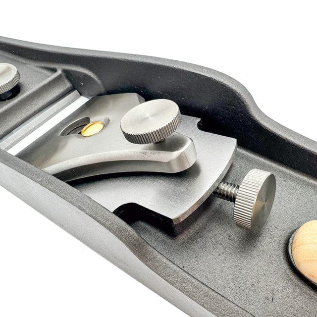 Close-up of the Melbourne Tool Company Low Angle Jointing Plane, showcasing its adjustment knobs and smooth metal surface, designed for fine woodworking.
