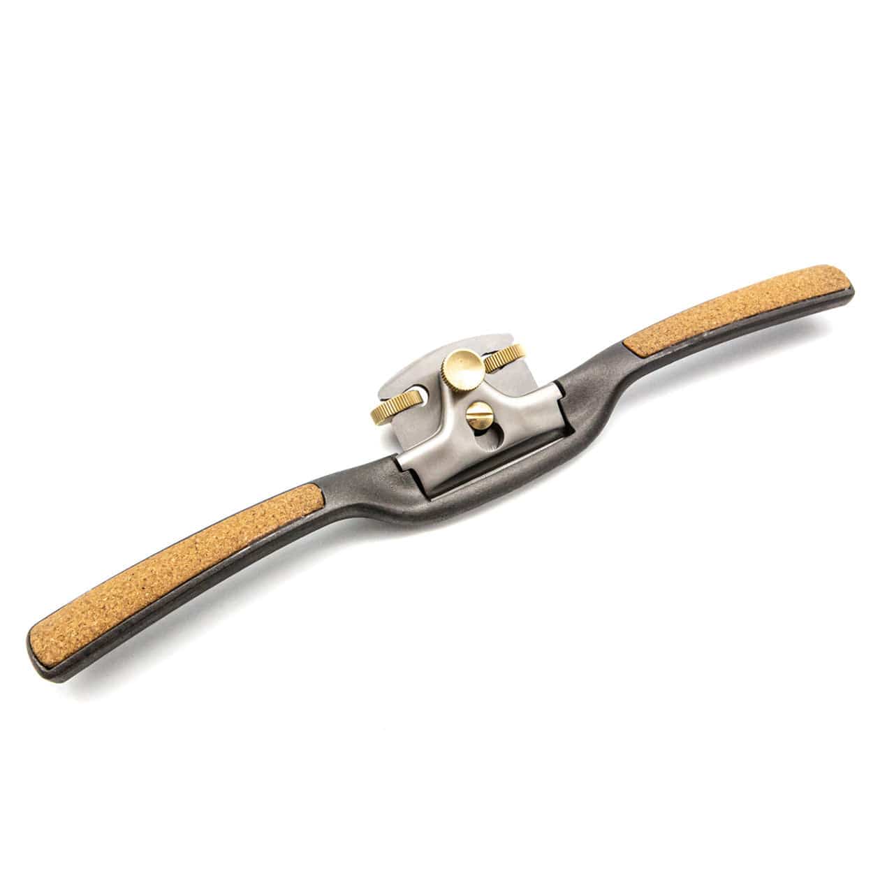 The Melbourne Tool Company Sole Spokeshave is a metal woodworking tool with cork-covered handles and a central adjustable blade, ideal for shaping and smoothing wood where precision is needed.