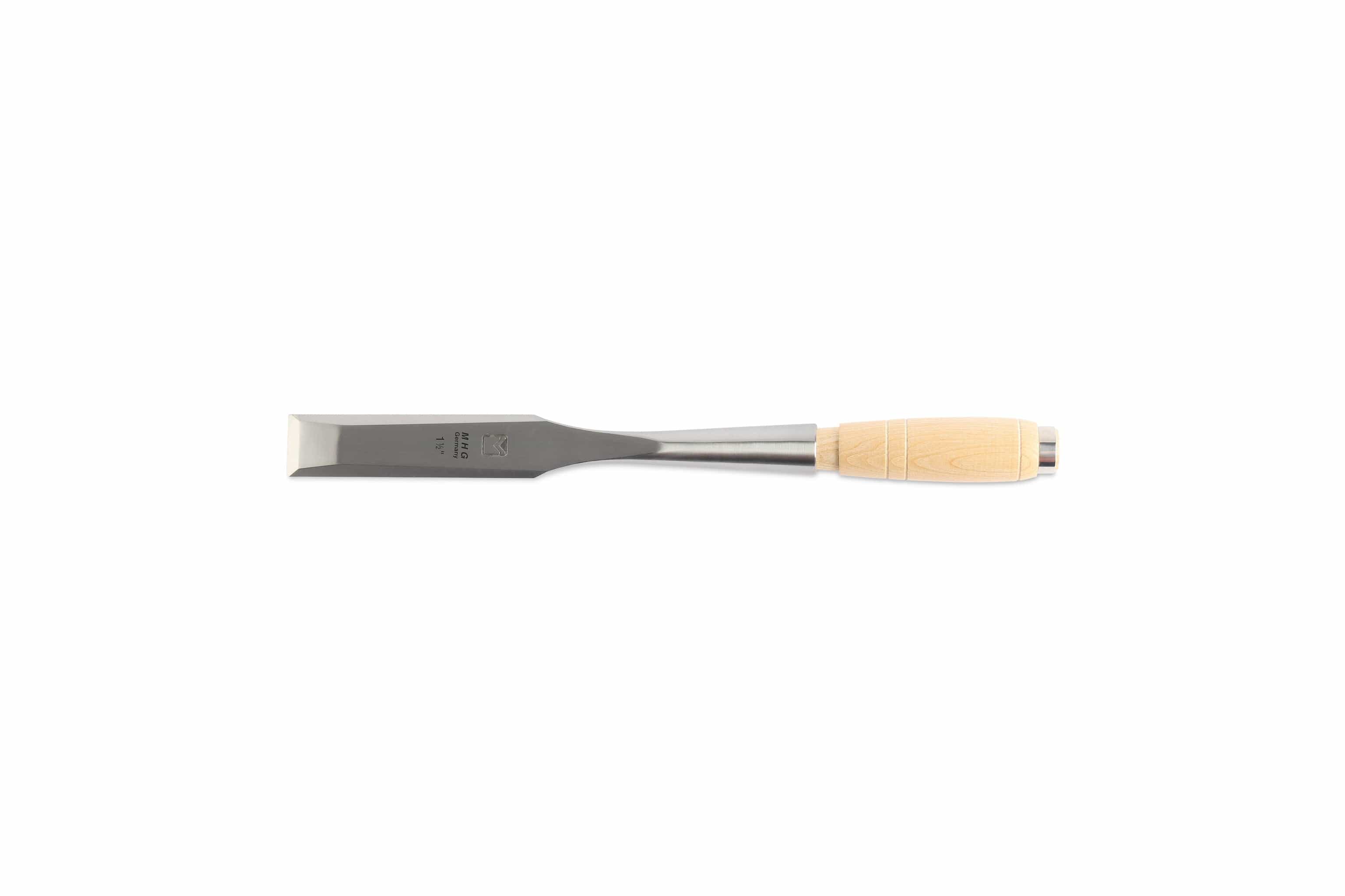 The MHG Messerschmidt Timber Framing Chisel features a bevelled blade and light wooden handle, making it an essential tool for professional woodworkers handling intricate tasks.