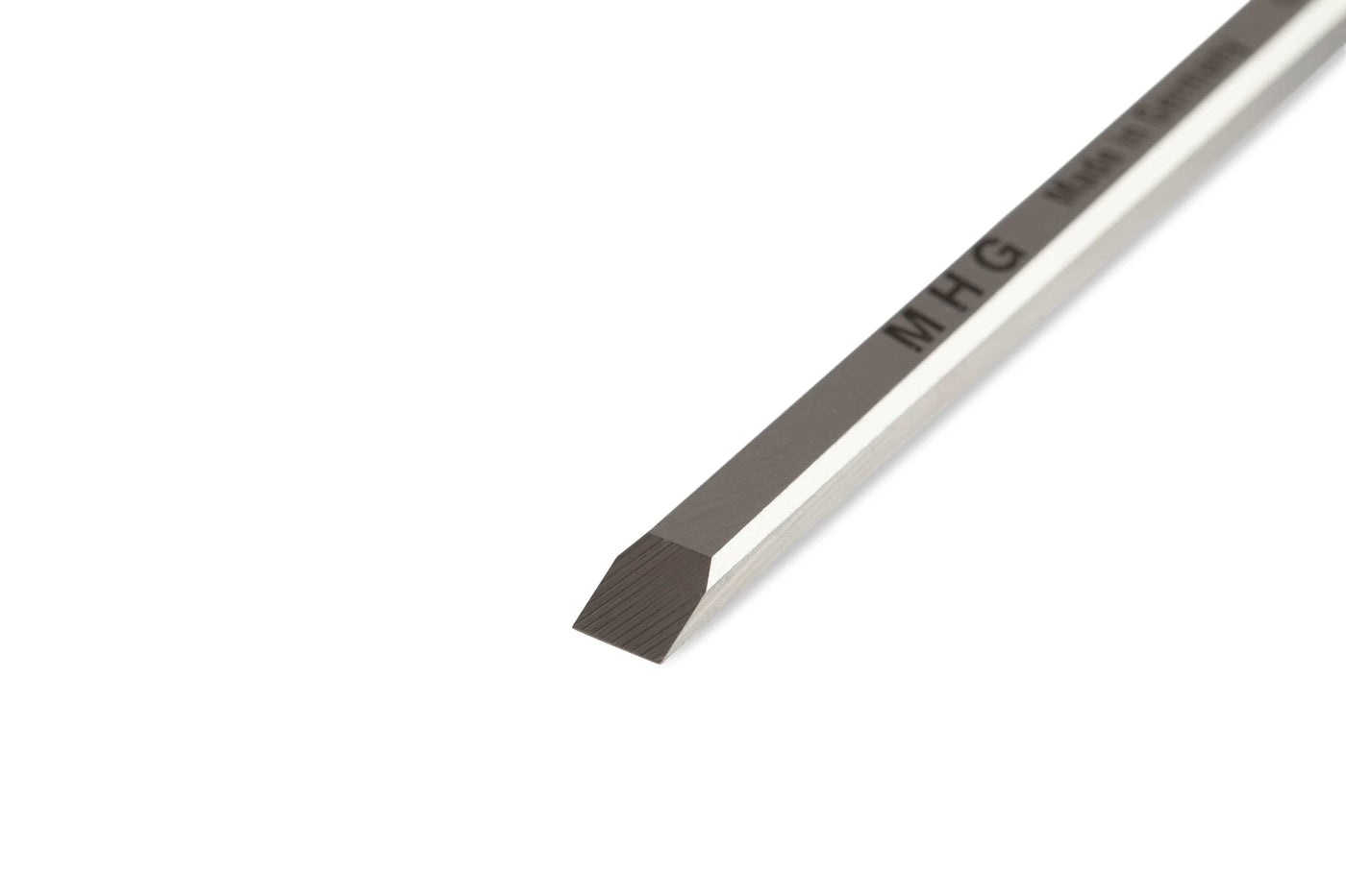 The MHG Firmer Bench Chisel by MHG features a beveled, chisel-like tip with MHG engraved on the side, commonly used in fine woodworking and shown against a white background.