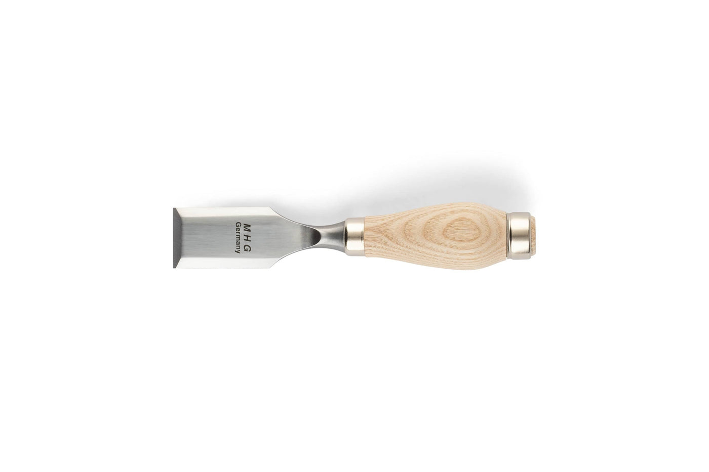 The MHG Butt Chisel by MHG features a wide, flat metal blade and a light wooden handle, ideal for precision woodworking, shown horizontally on a white background.