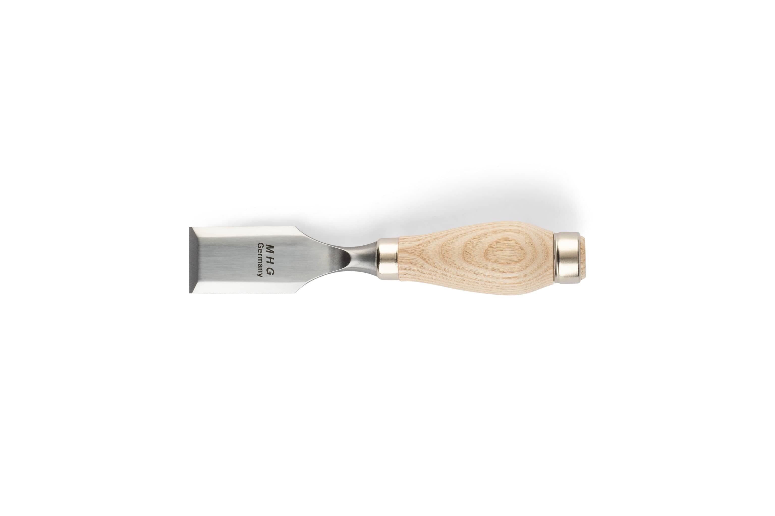 The MHG Butt Chisel by MHG features a wide, flat metal blade and a light wooden handle, ideal for precision woodworking, shown horizontally on a white background.