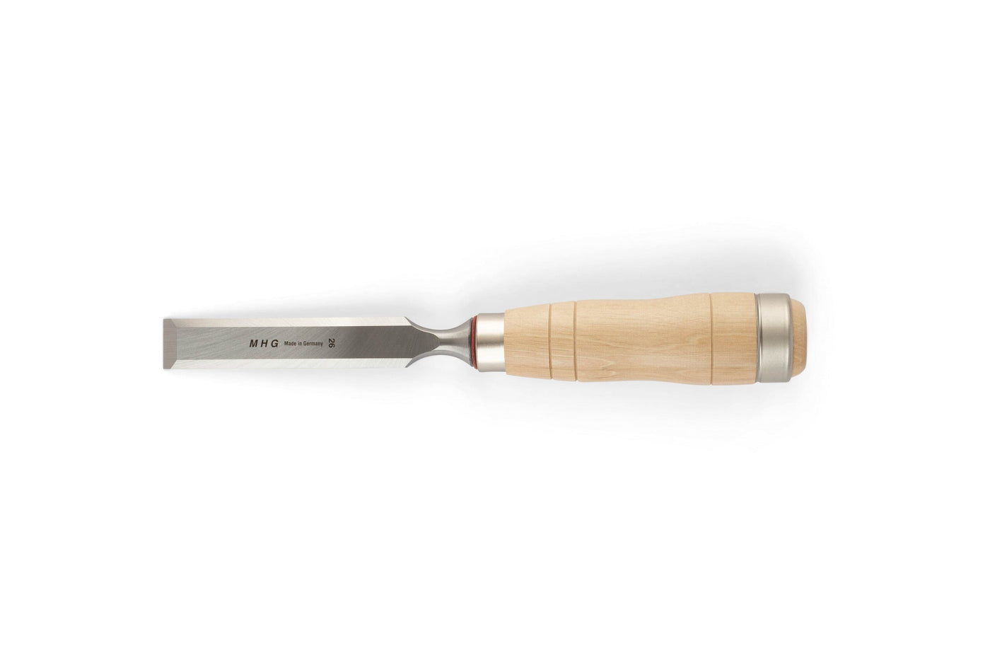 The MHG Carpenter Chisel by MHG features a German-engineered metal blade and a light-colored wooden handle, shown on a white background.