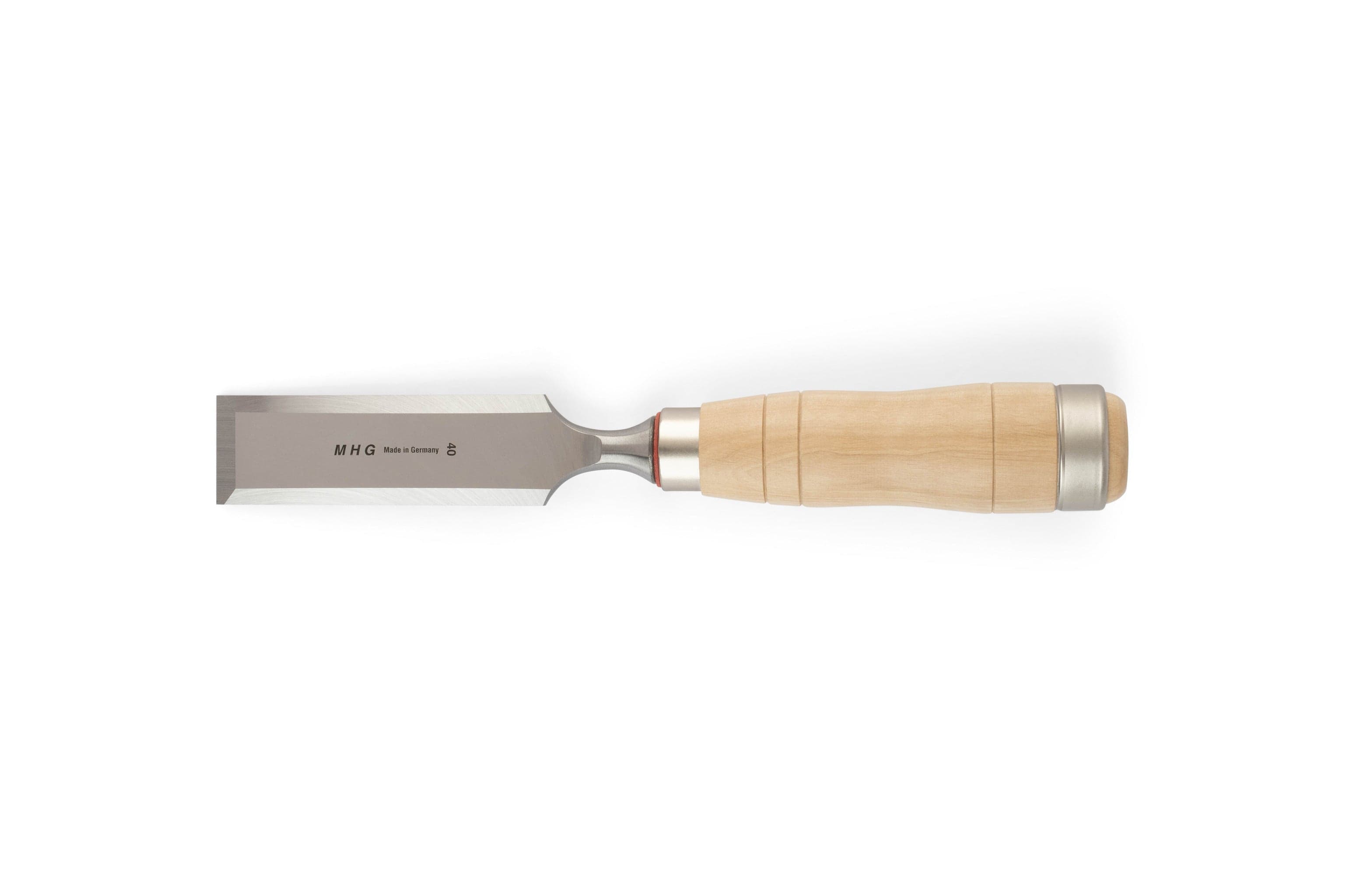 The MHG Carpenter Chisel by MHG features a straight steel blade and a light wooden handle, making it ideal for precise woodworking tasks. Shown on a white background.