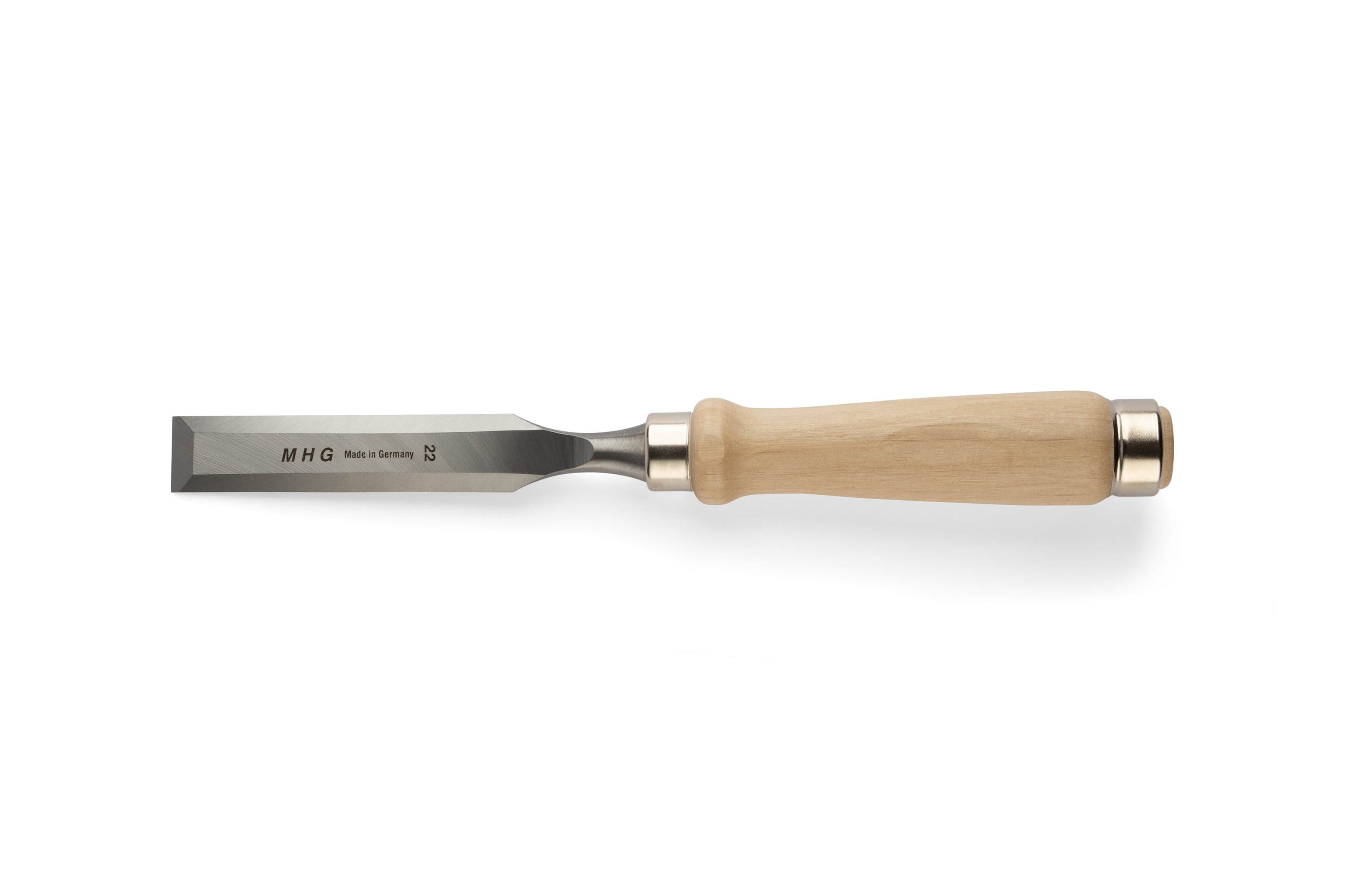 The MHG Firmer Bench Chisel from MHG features a durable metal blade and a light wooden handle, ideal for precise woodworking projects, displayed against a white background.