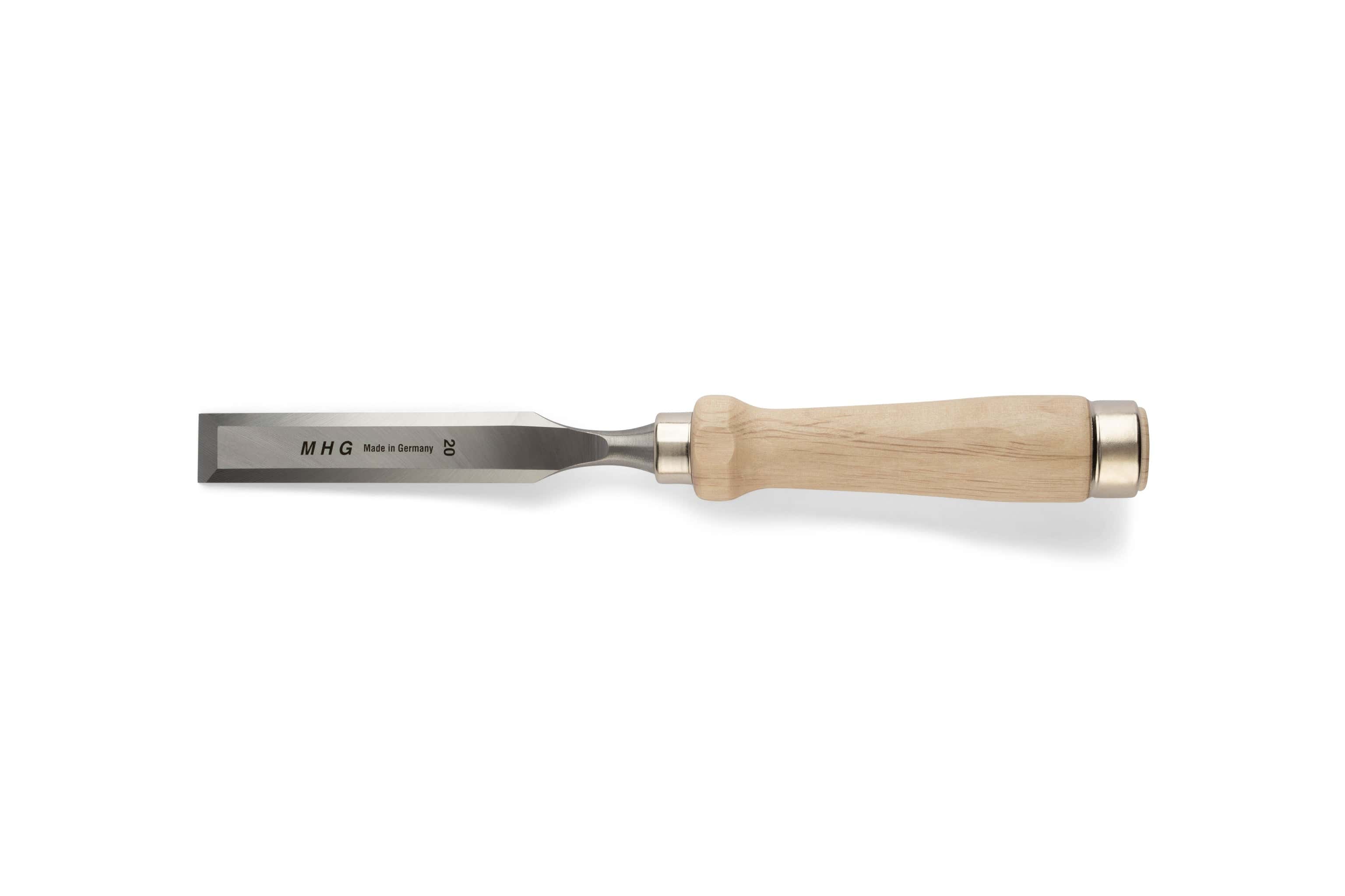 The MHG Firmer Bench Chisel by MHG features a metal blade and light wood handle, shown on a white background—an essential tool for precision woodworking.