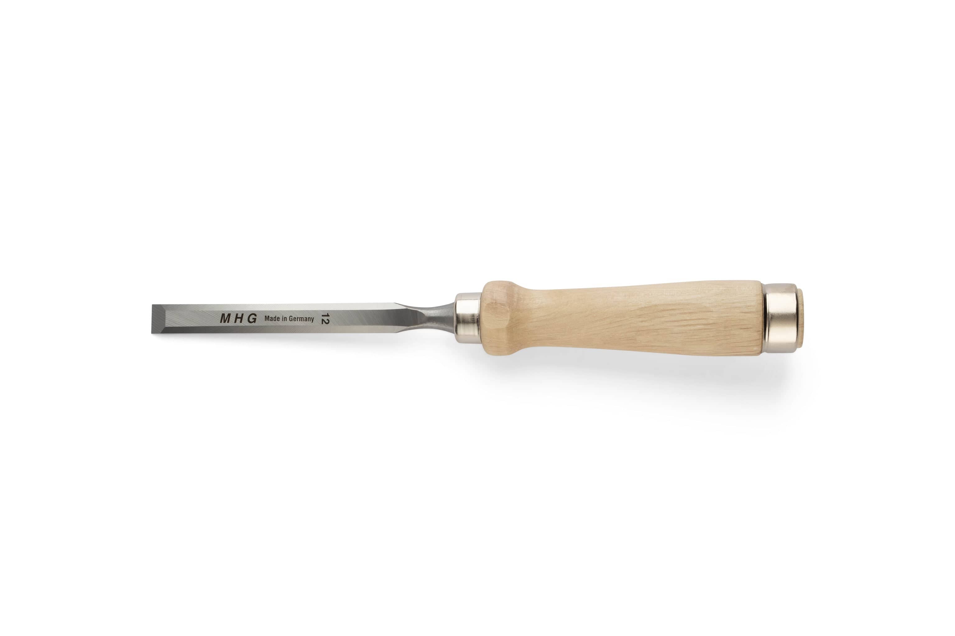 The MHG Firmer Bench Chisel by MHG features a wood handle and straight metal blade, shown against a white background—a must-have tool for fine woodworking.