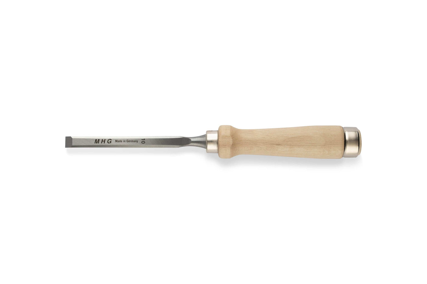 The MHG Firmer Bench Chisel features a steel blade and light wooden handle—ideal for precise woodworking. Branded MHG Made in Germany. An essential tool, shown on a white background.