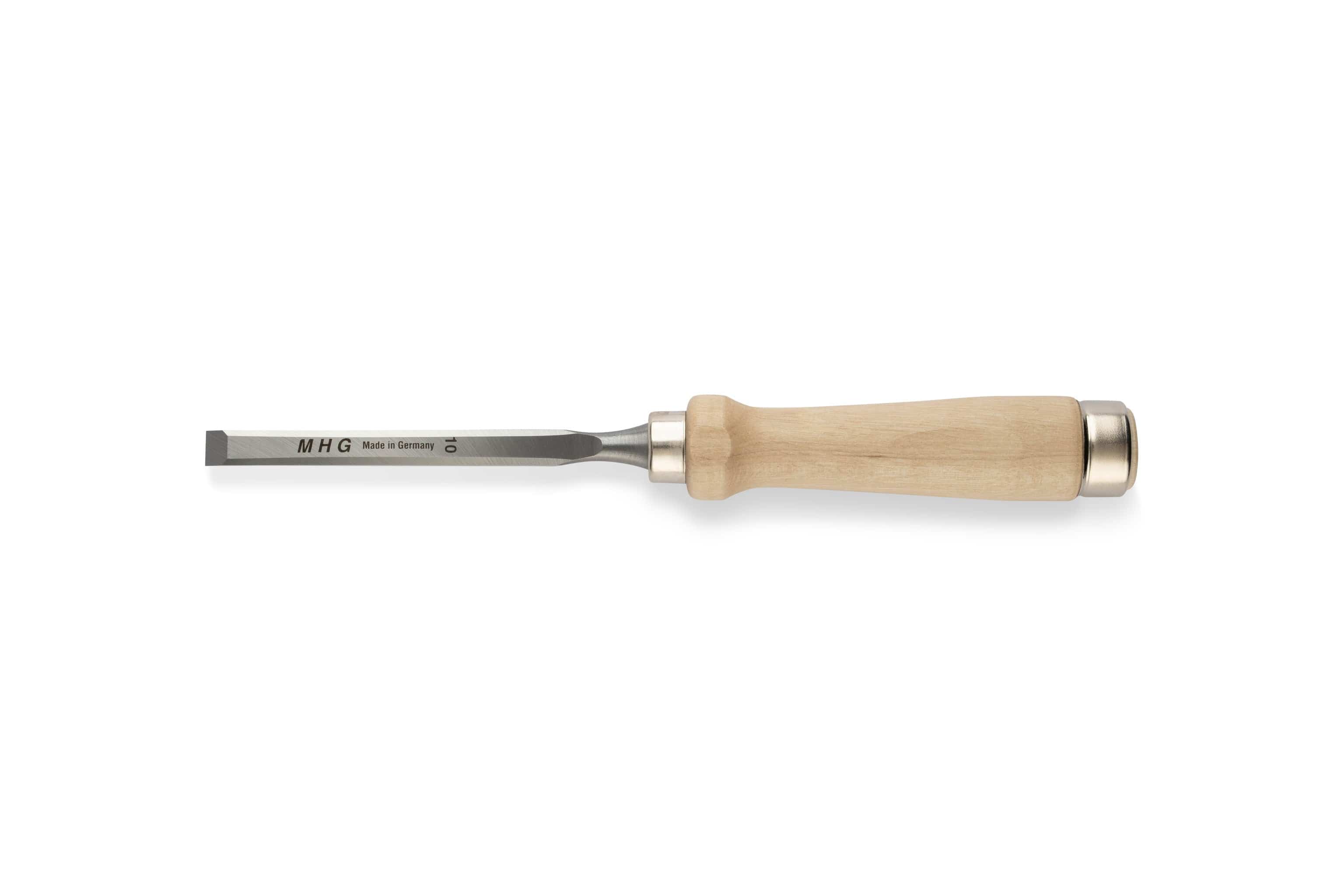 The MHG Firmer Bench Chisel features a steel blade and light wooden handle—ideal for precise woodworking. Branded MHG Made in Germany. An essential tool, shown on a white background.
