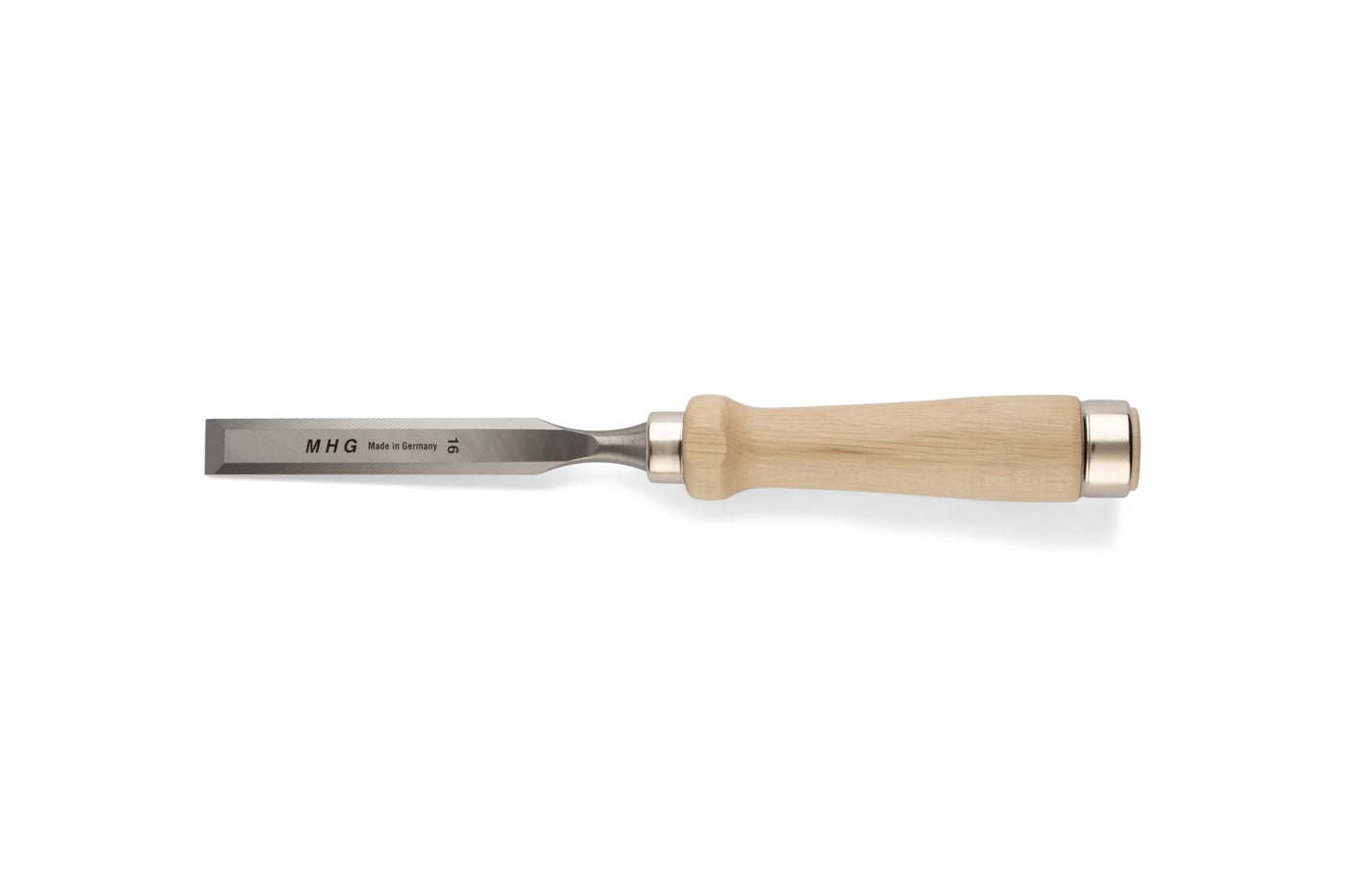 The MHG Firmer Bench Chisel by MHG, featuring a metal blade and light wooden handle, is shown against a white background—an essential tool for any fine woodworking collection.