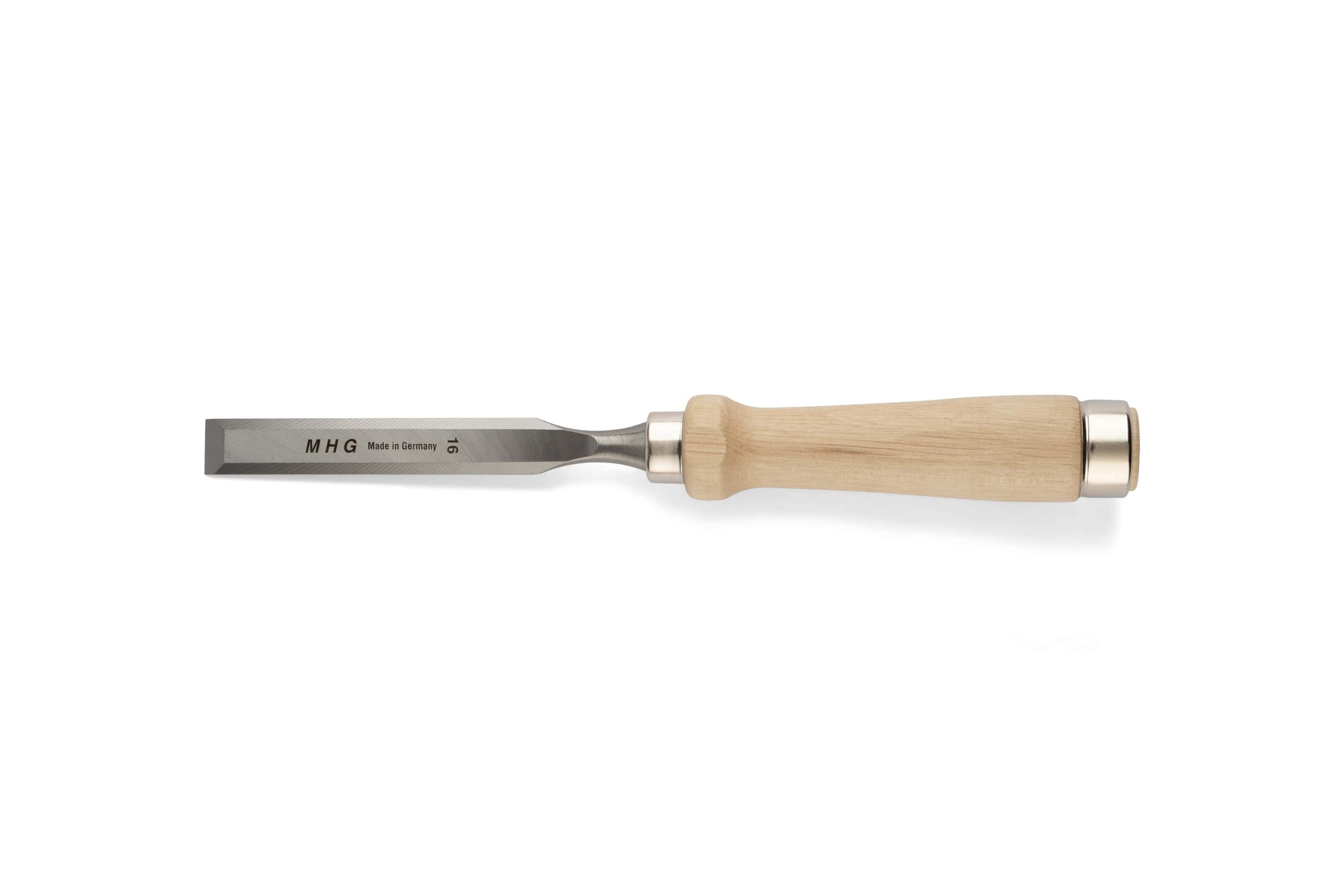 The MHG Firmer Bench Chisel by MHG, featuring a metal blade and light wooden handle, is shown against a white background—an essential tool for any fine woodworking collection.