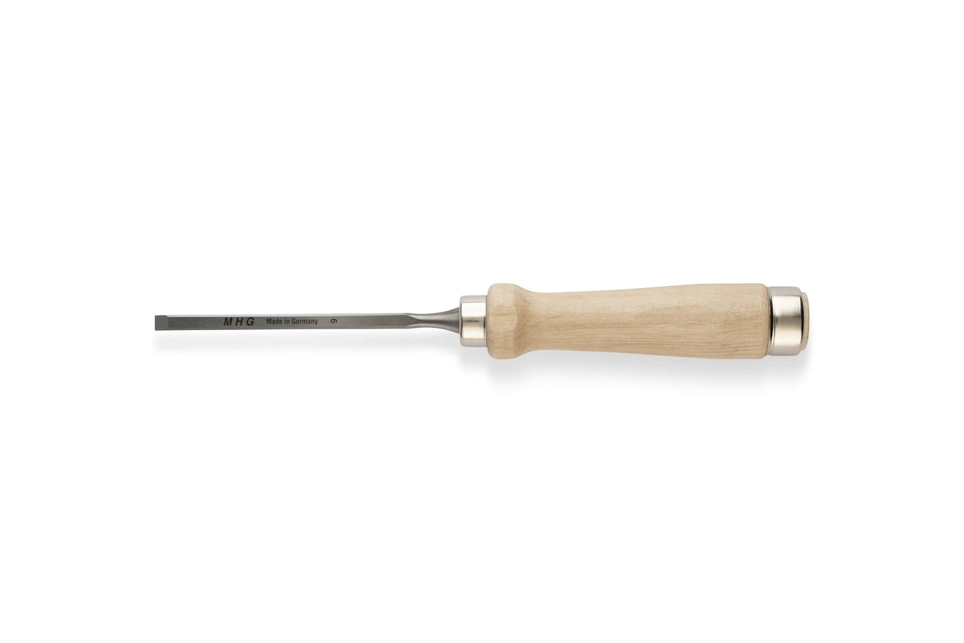 The MHG Firmer Bench Chisel by MHG features a wood handle with a metal cap and a short, straight blade, making it ideal for fine woodworking; displayed on a white background.