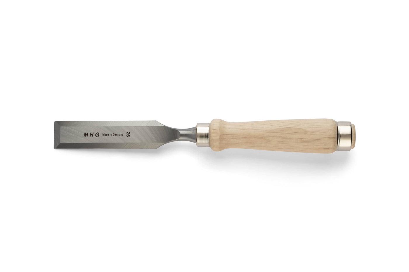 The MHG Firmer Bench Chisel features a beveled edge and light wooden handle, displaying the MHG brand. Made in Germany, it’s ideal for fine woodworking—an essential quality tool shown on a white background.