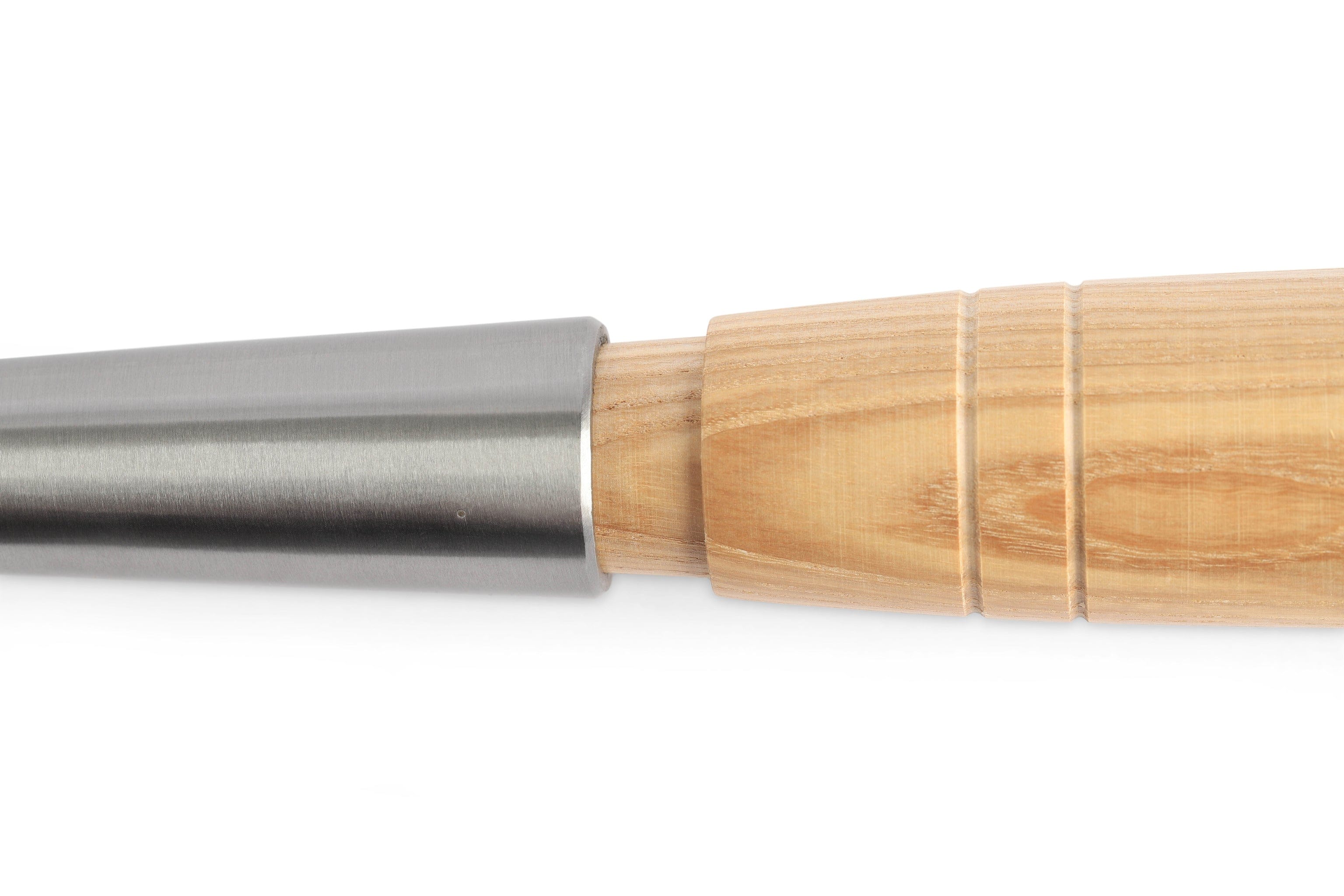 A close-up of the MHG Messerschmidt Timber Framing Chisel showcases a wooden handle with grooved detailing and a smooth, polished metal attachment, resembling a professional woodworkers tool.