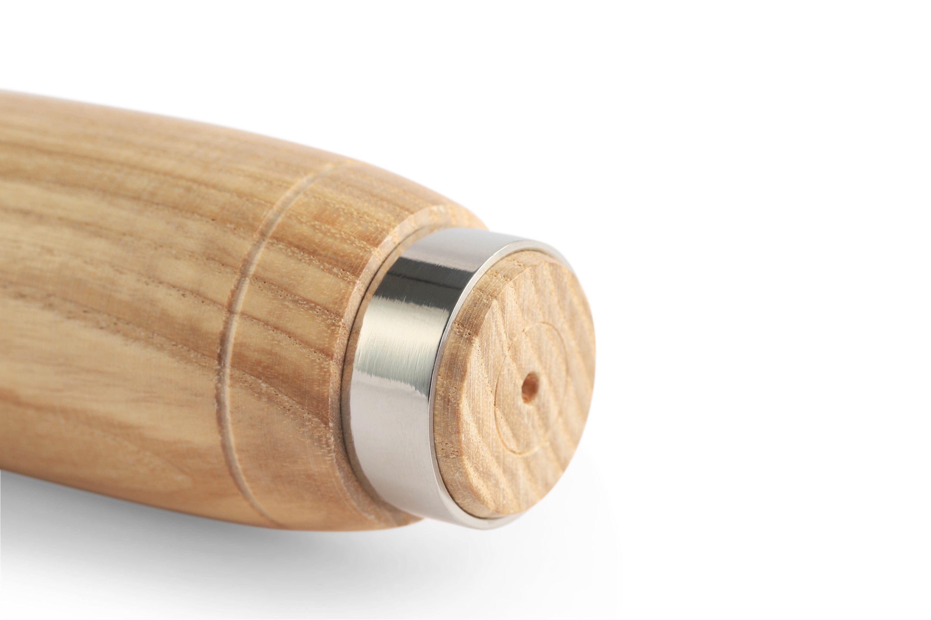 The MHG Messerschmidt Timber Framing Chisel features a smooth wooden handle with a metal ring, perfect for professional woodworkers. Its cylindrical shape ensures superior edge retention, all elegantly displayed against a white background.