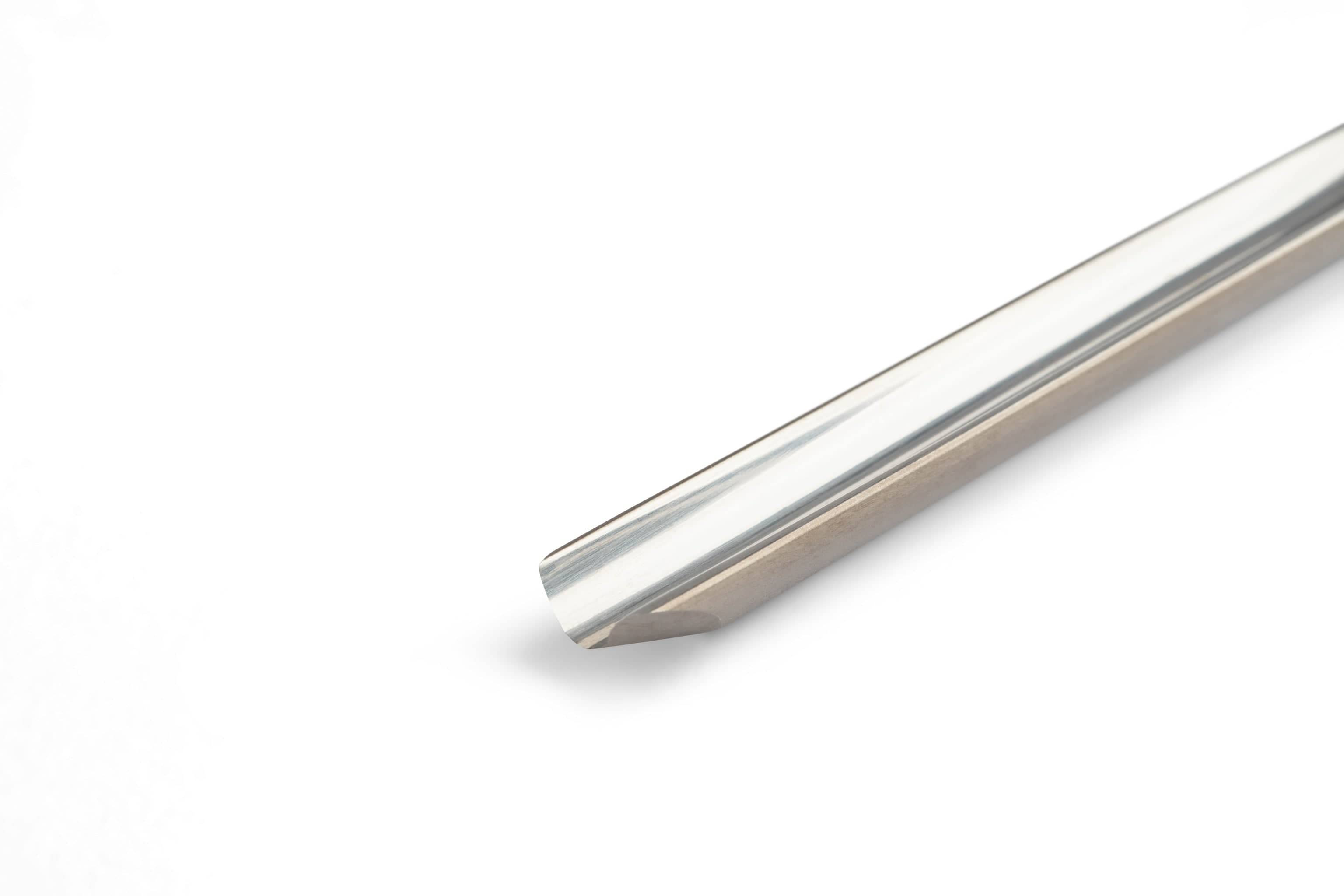 A close-up of a shiny metal rod with a beveled, pointed tip from the MHG Wood Carving Knife and Gouge Set by MHG, designed for professional woodworking, shown on a white background.