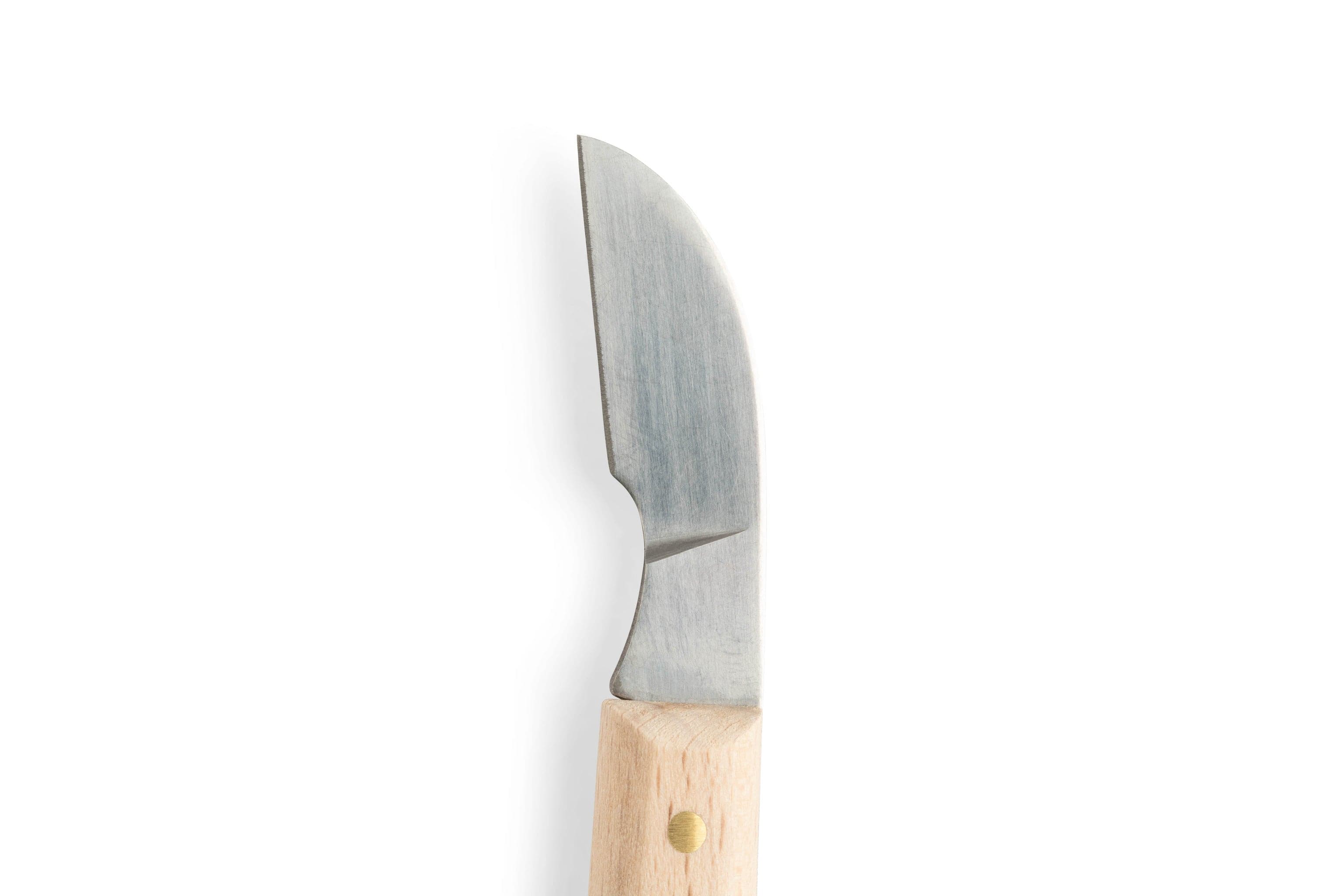 The MHG Wood Carving Knife and Gouge Set features a short, curved stainless steel blade and wood handle—perfect for professional woodworking—shown upright against a plain white background.