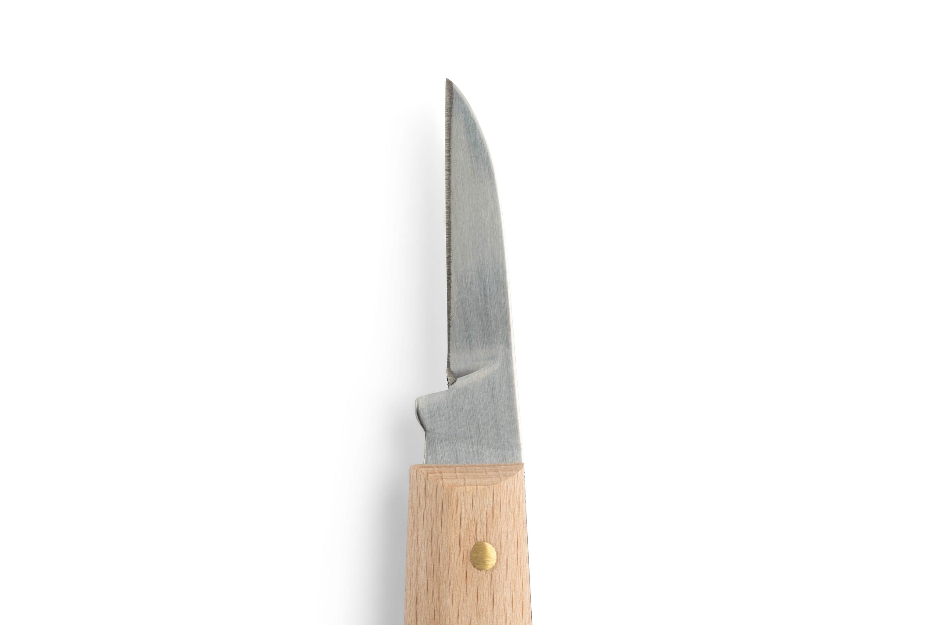 The MHG Wood Carving Knife Set by MHG features a short, pointed high-carbon steel blade and a light wooden ergonomic handle, shown against a white background.