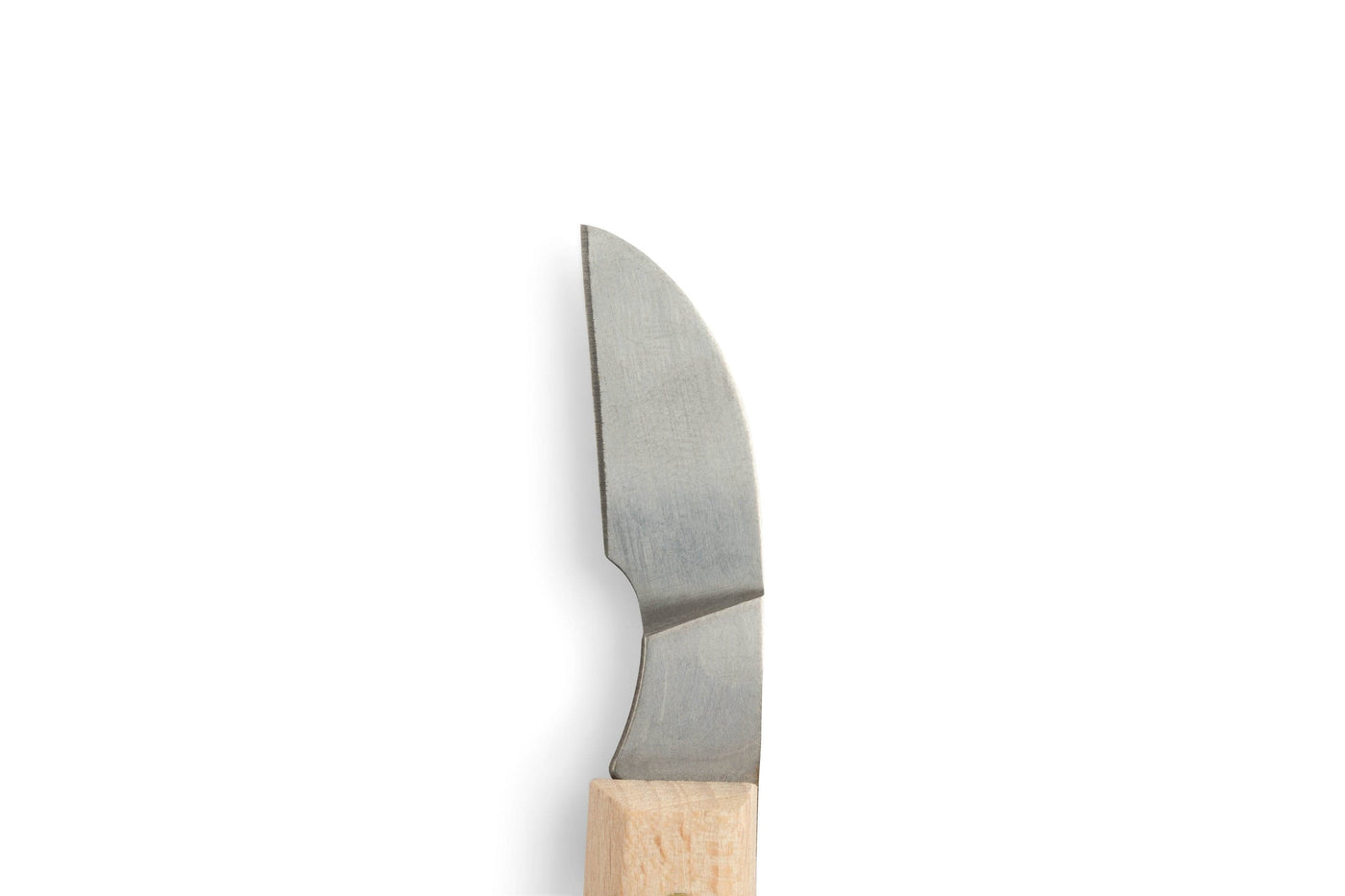 A close-up of the MHG Wood Carving Knife Set by MHG, featuring a curved, shiny high-carbon steel blade and a light wooden handle, displayed against a plain white background.
