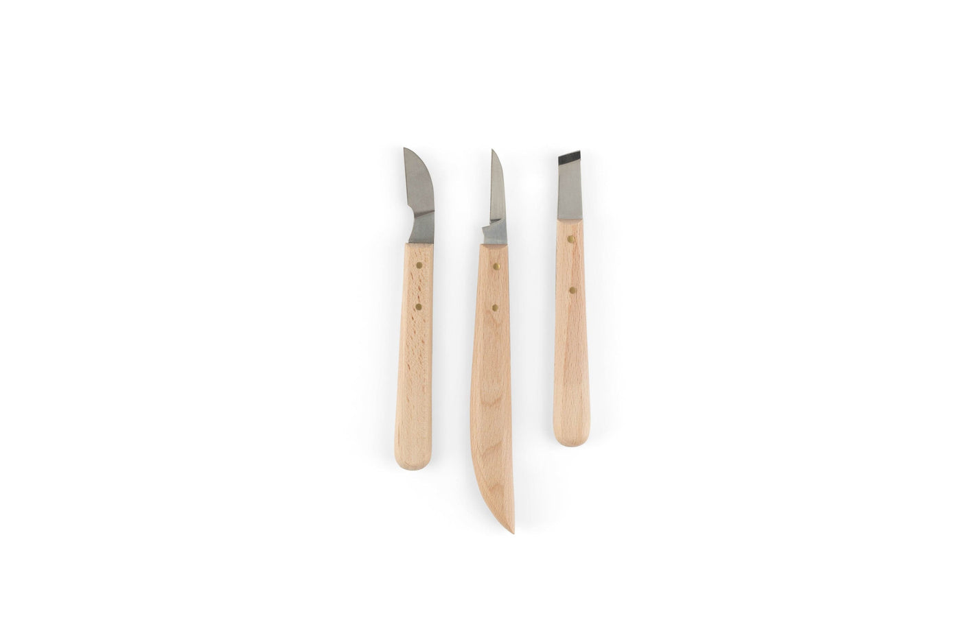 The MHG Wood Carving Knife Set by MHG features three knives with ergonomic handles and varied high-carbon steel blades, displayed vertically on a plain white background.